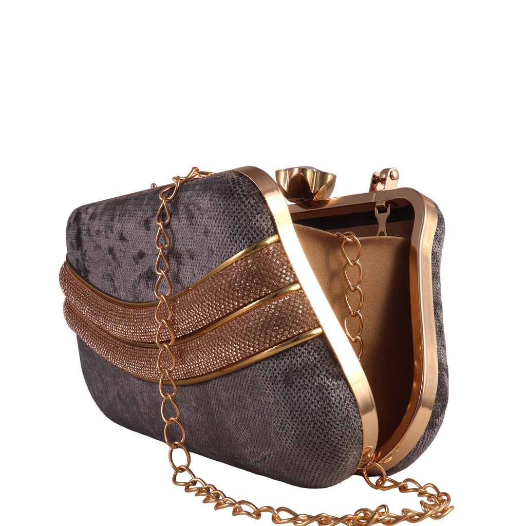 Gold and gray clutch purse with chain strap on a white background