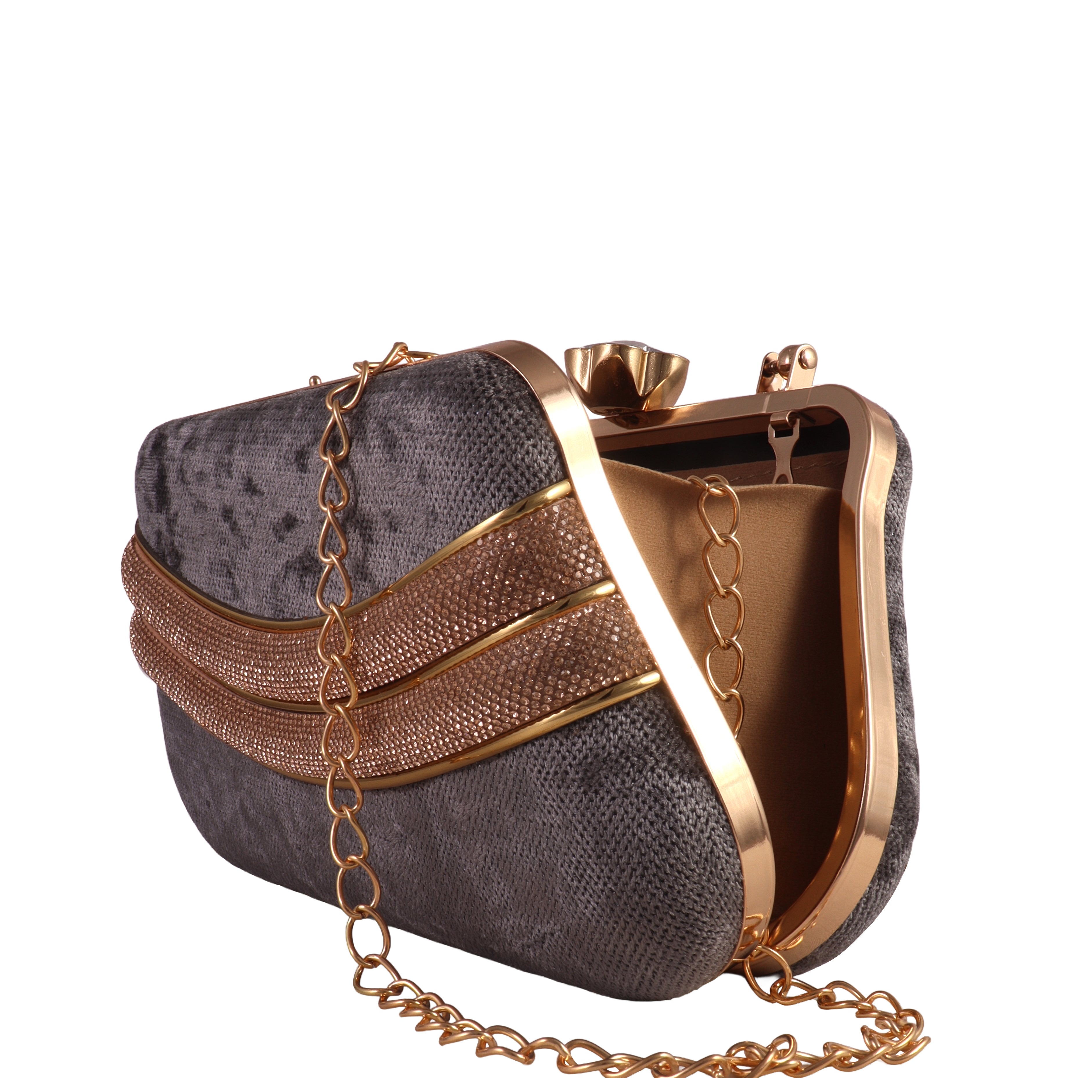 Gold and gray clutch purse with chain strap on a white background