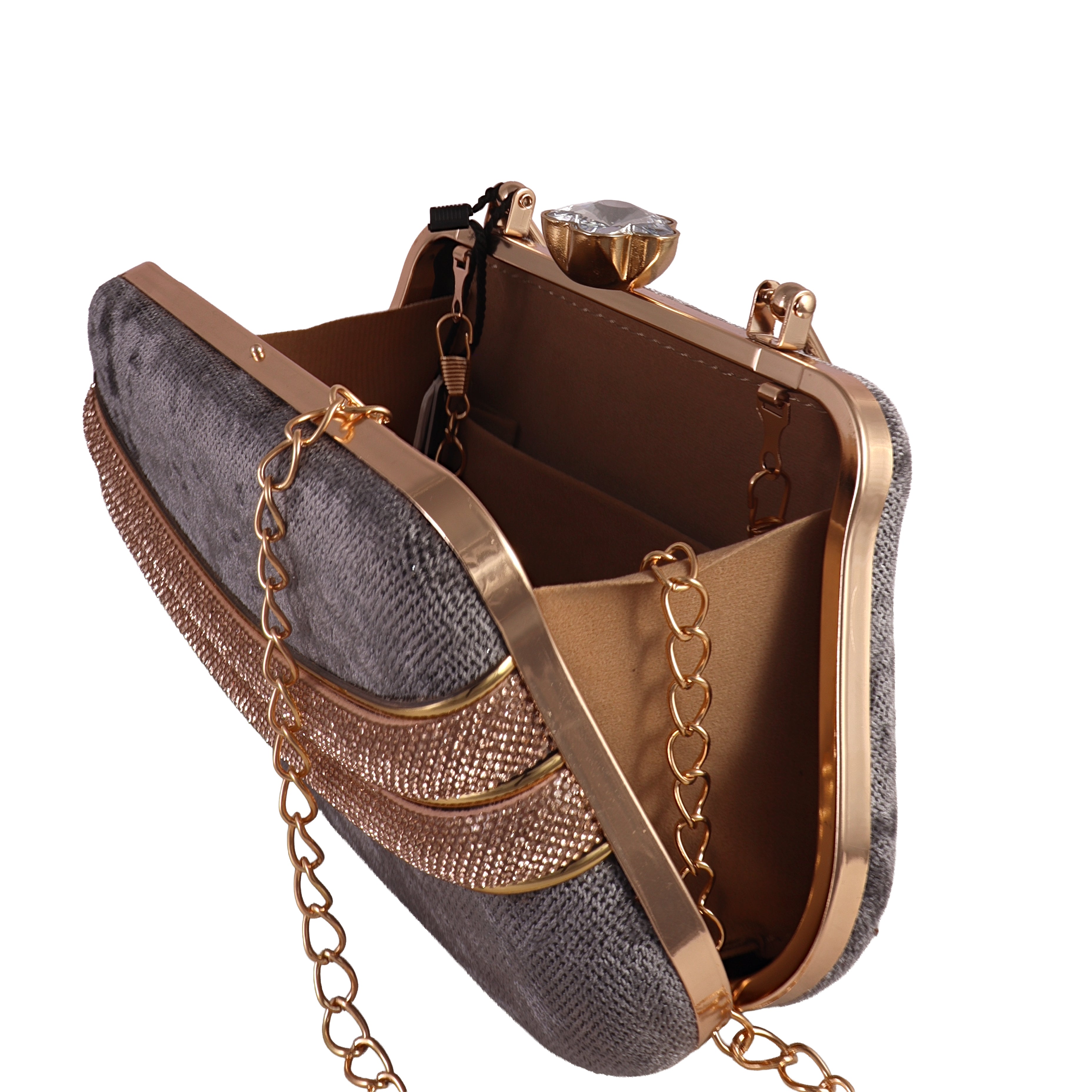 Gold and gray clutch bag with chain strap on a white background