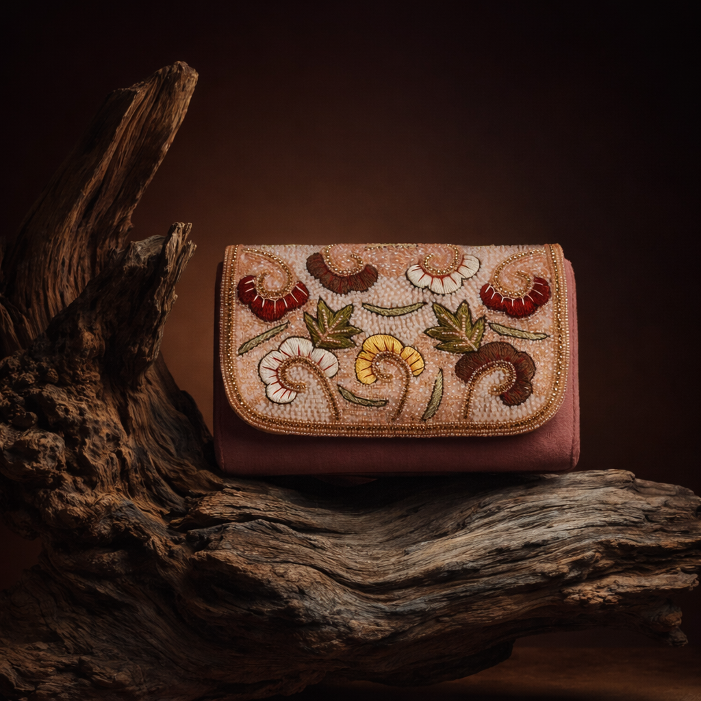 Floral Hand-Embellished Evening Clutch with Strap