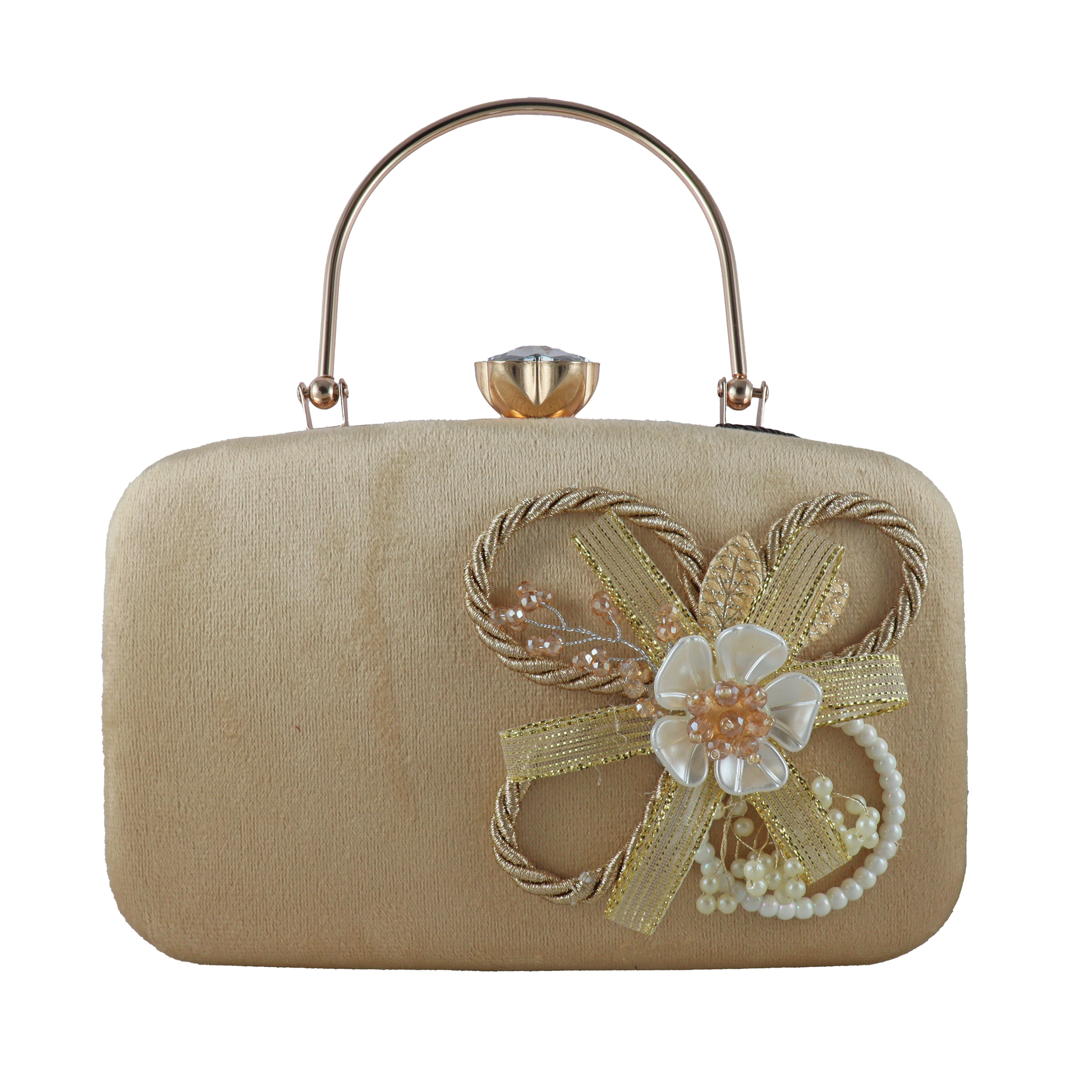 Velvet Floral Embellished Evening Clutch with Top Handle
