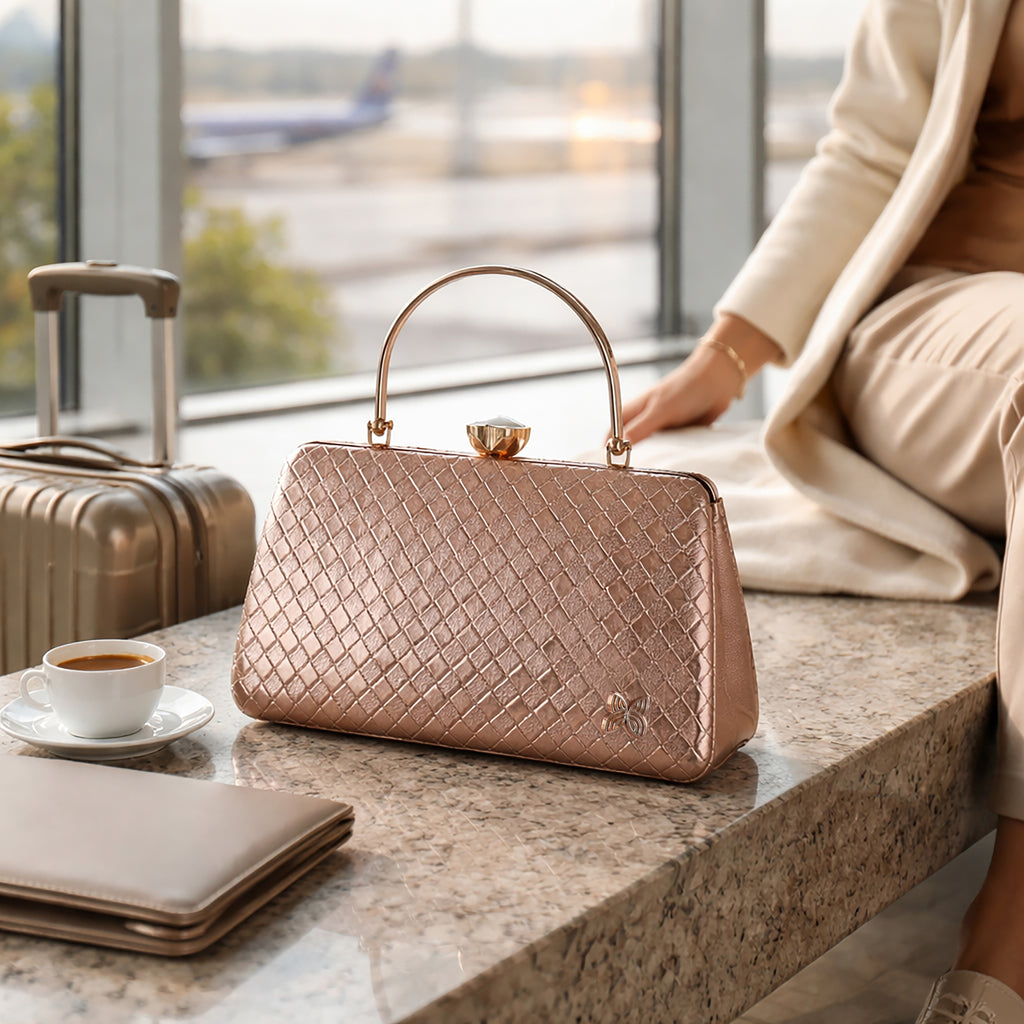 Designer Metallic Quilted Clutch with Crystal Lock – Elegant Party Bag