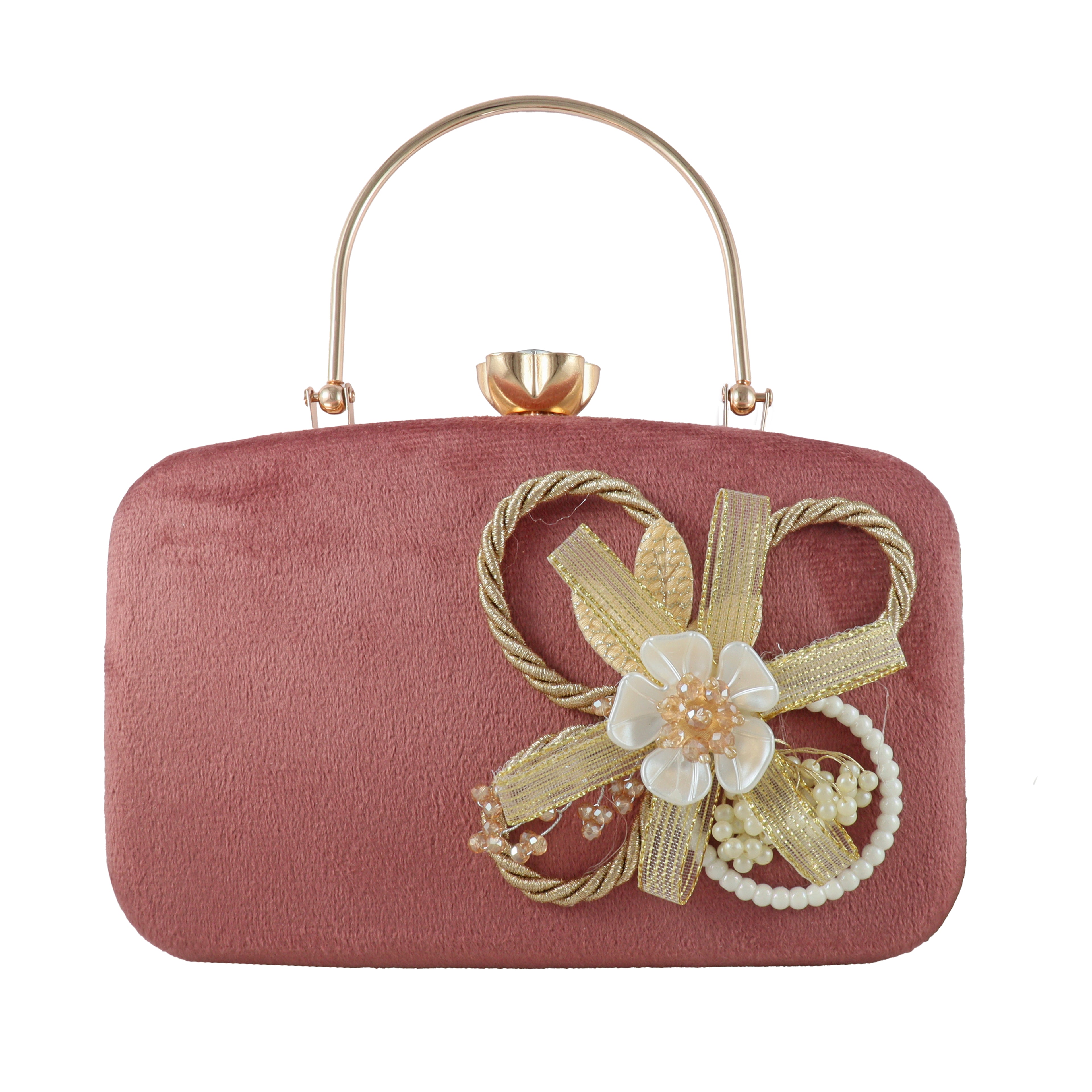 Velvet Floral Embellished Evening Clutch with Top Handle
