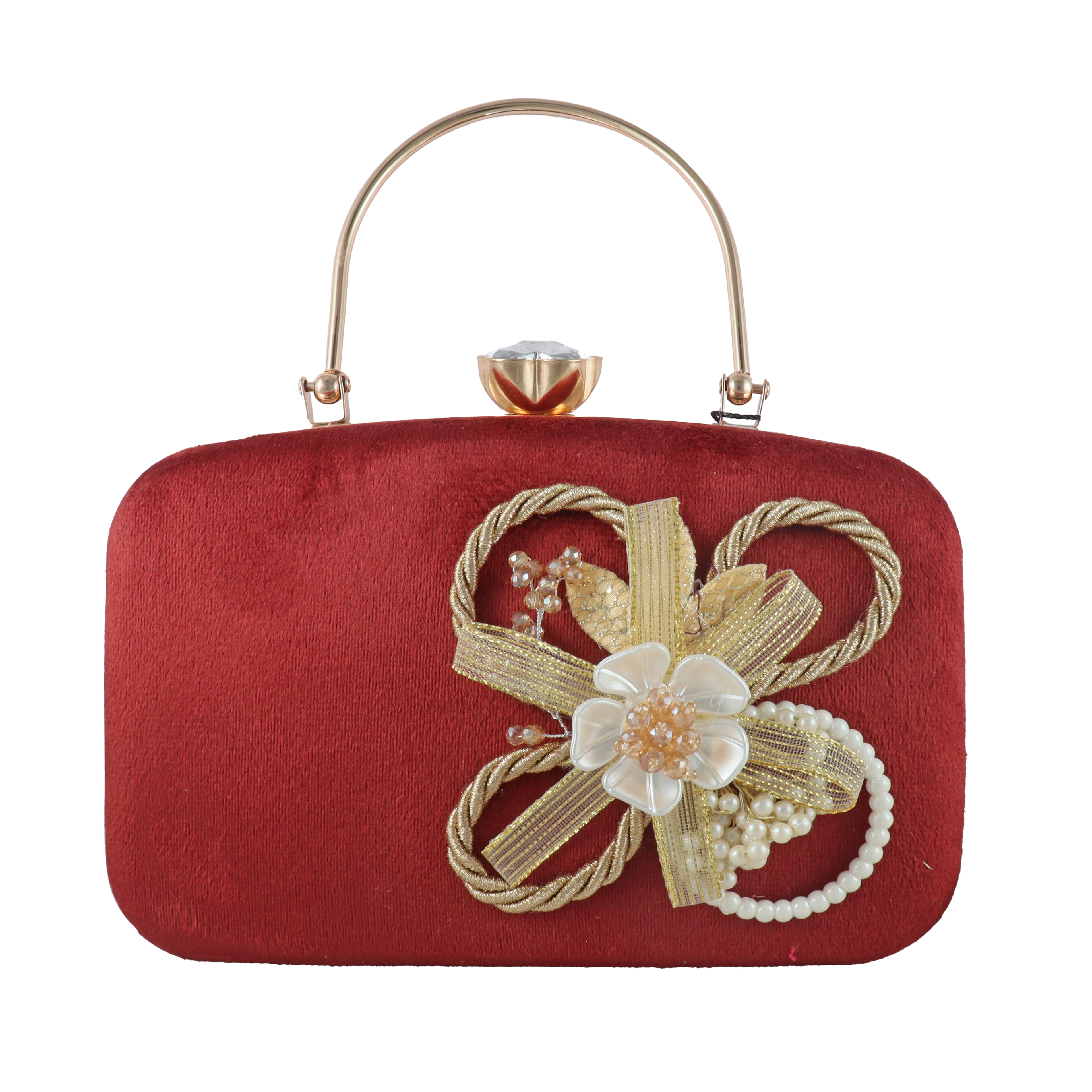 Velvet Floral Embellished Evening Clutch with Top Handle
