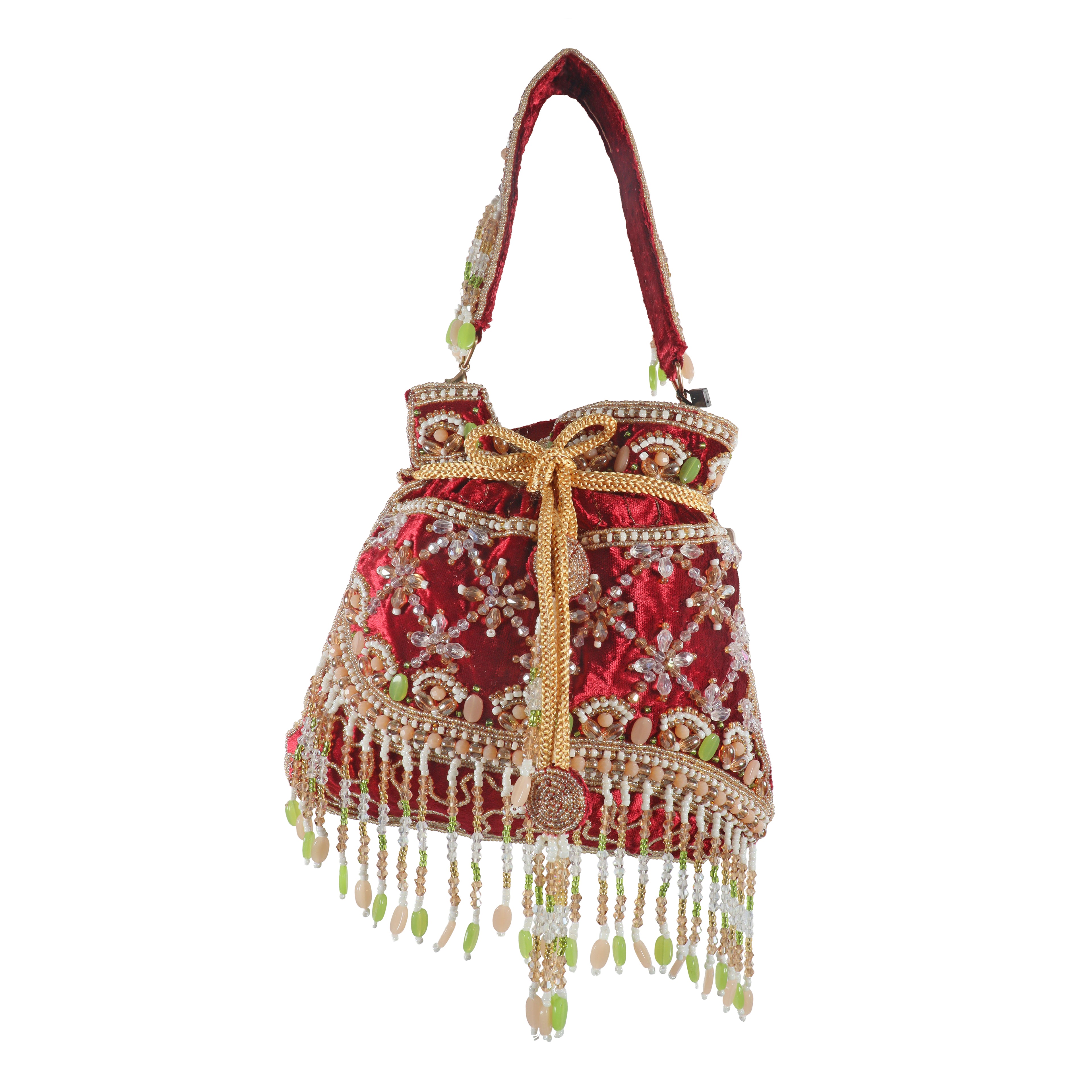 Hand-Embroidered Velvet Potli Bag with Beaded Fringe – Festive & Bridal