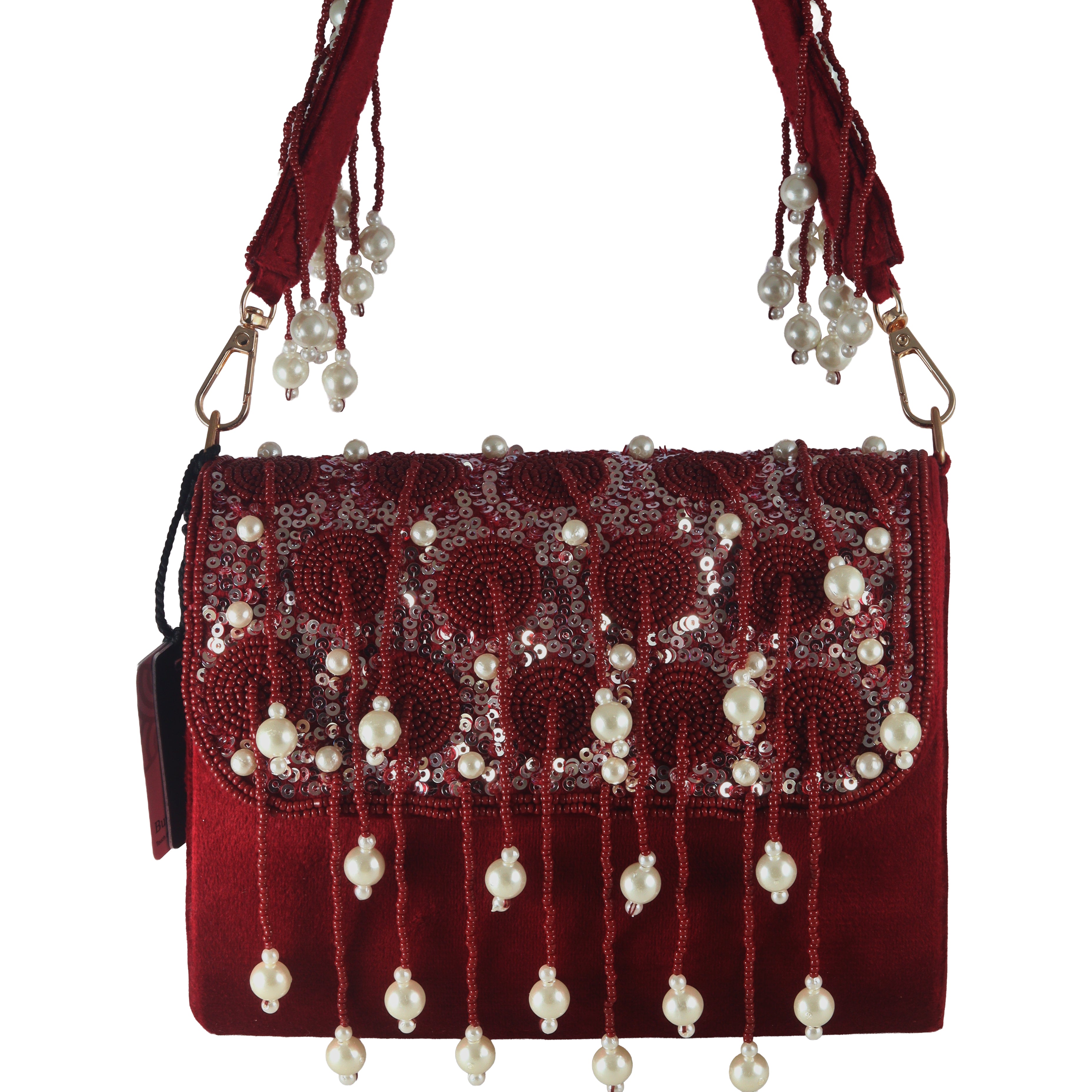 Embellished Pearl Velvet Clutch Bag