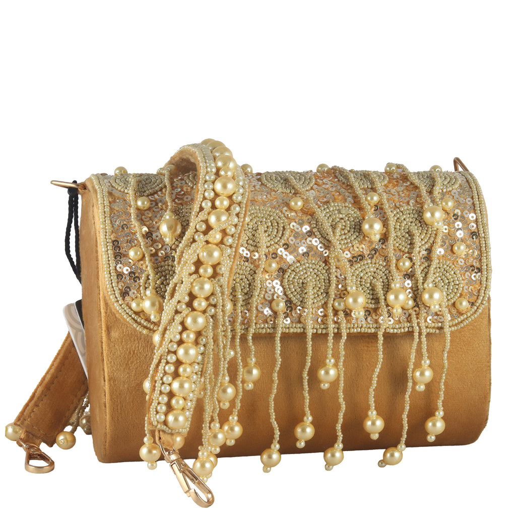 Embellished Pearl Velvet Clutch Bag
