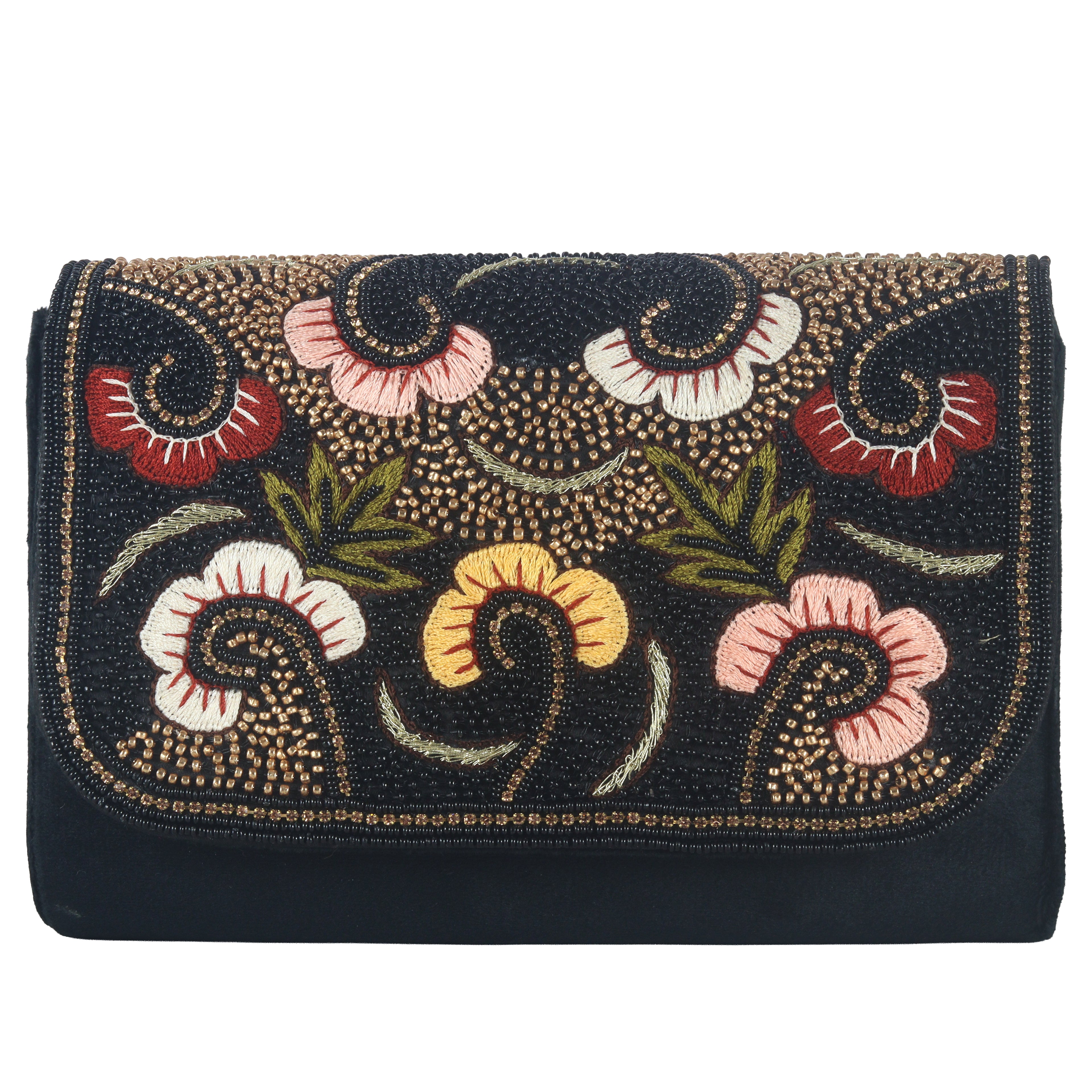 Floral Hand-Embellished Evening Clutch with Strap