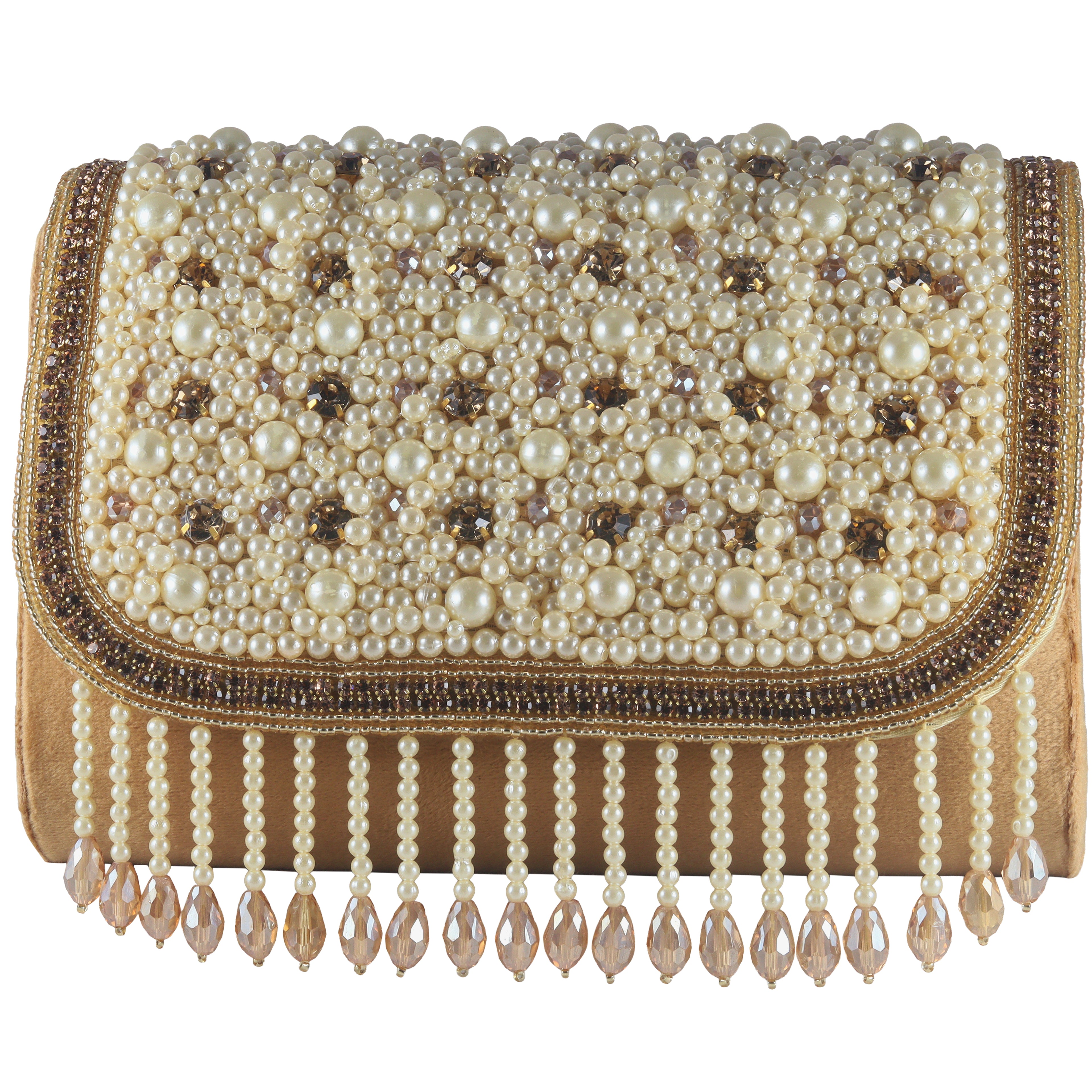 Beige clutch bag with pearl embellishments on a white background