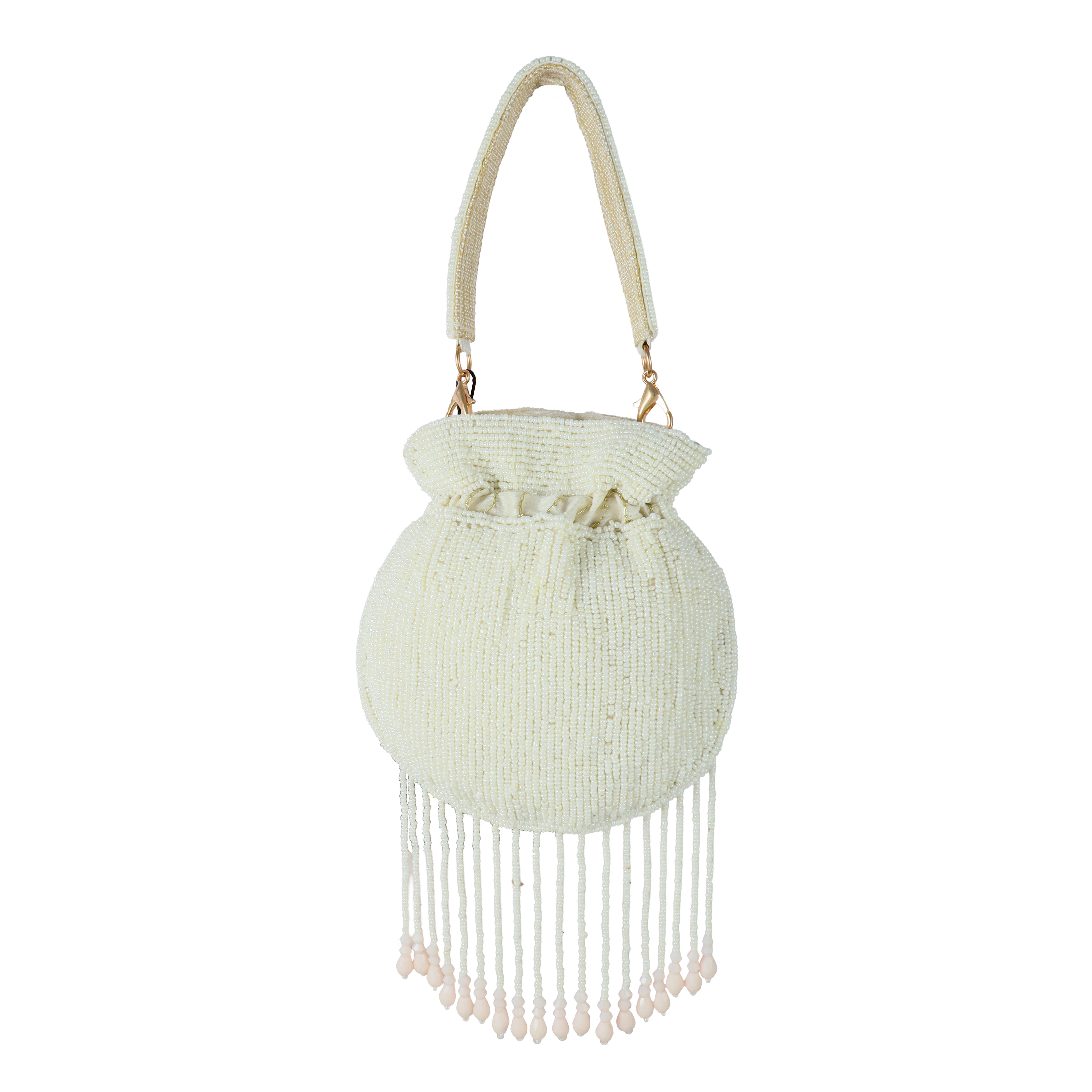 Ivory Hand-Beaded Chevron Mini Potli Bag with Elegant Fringe Tassels