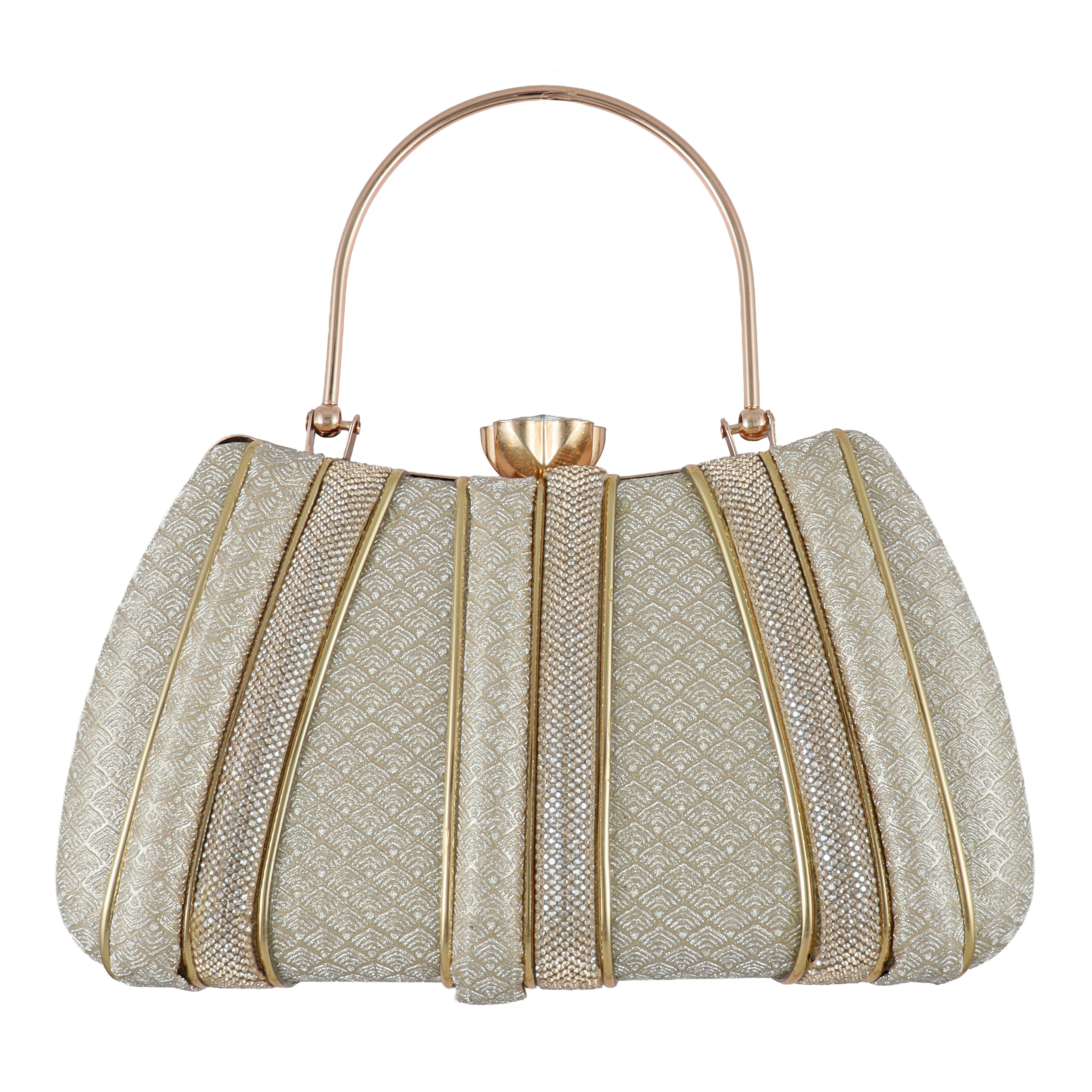 Luxury Gold Pleated Evening Clutch with Crystal Clasp & Round Handle