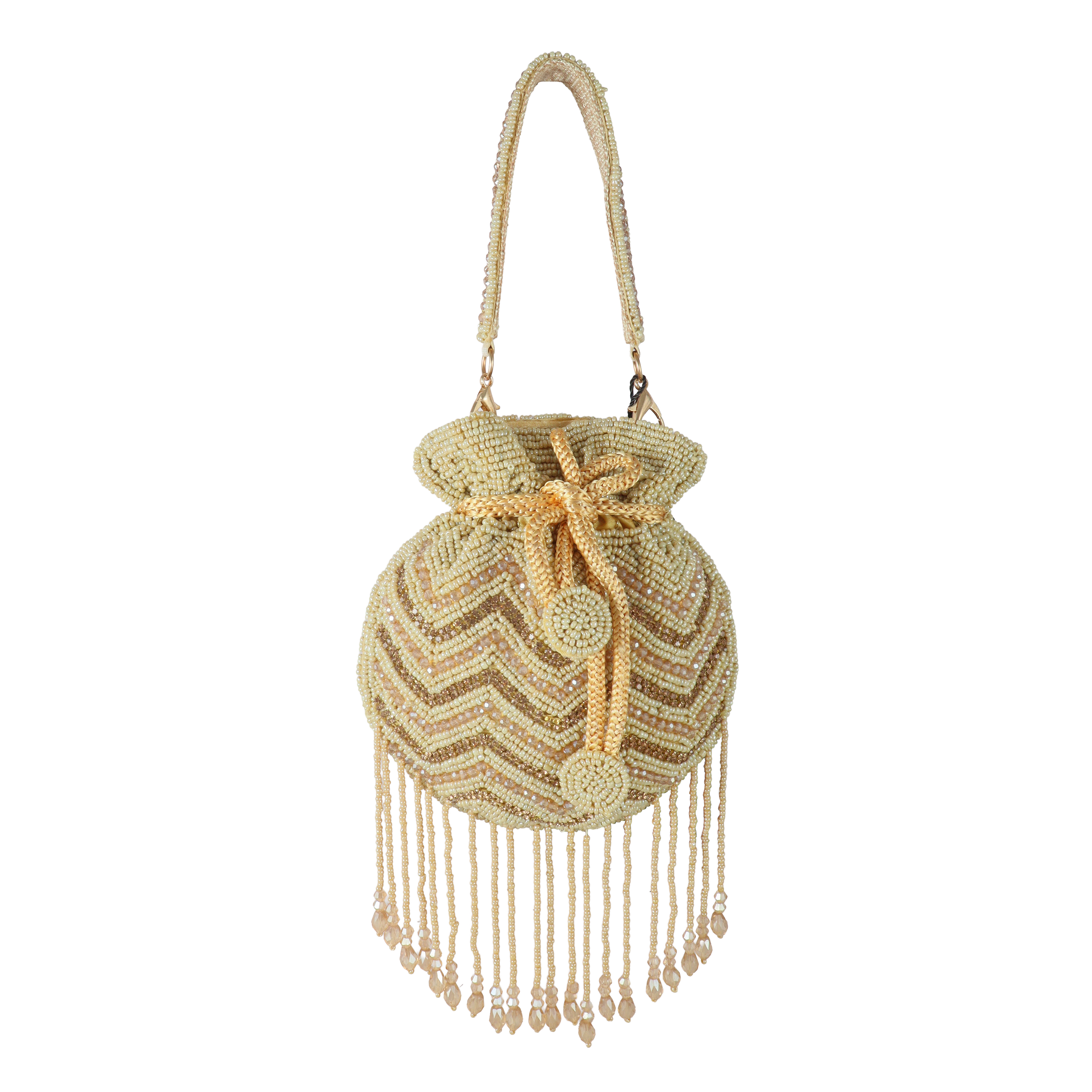 Ivory Hand-Beaded Chevron Mini Potli Bag with Elegant Fringe Tassels