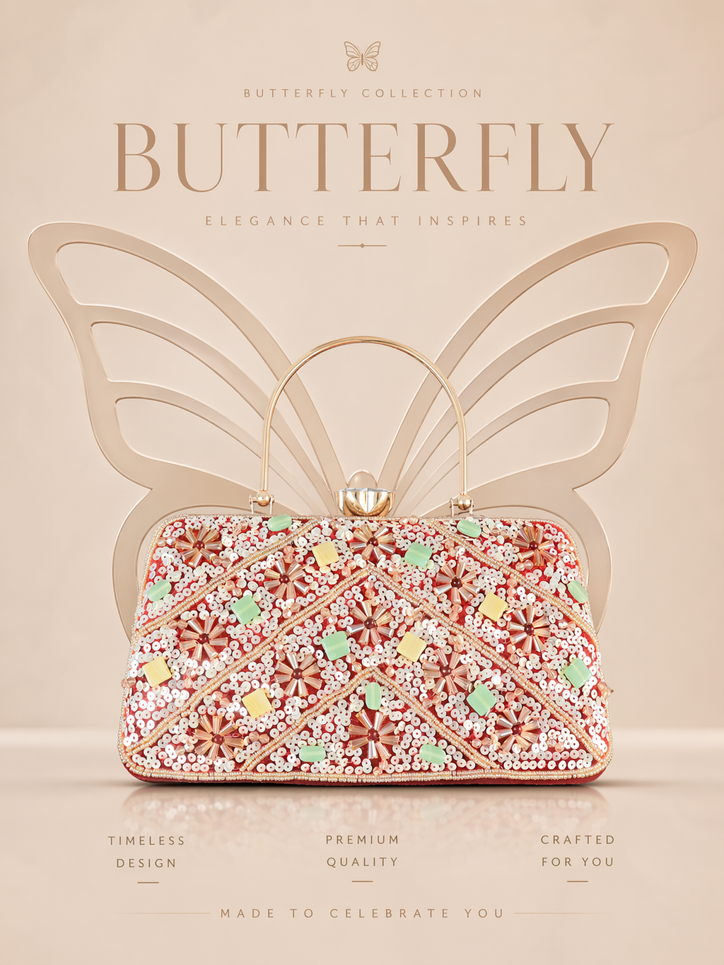 Handcrafted Floral Sequin & Bead Embellished Evening Clutch