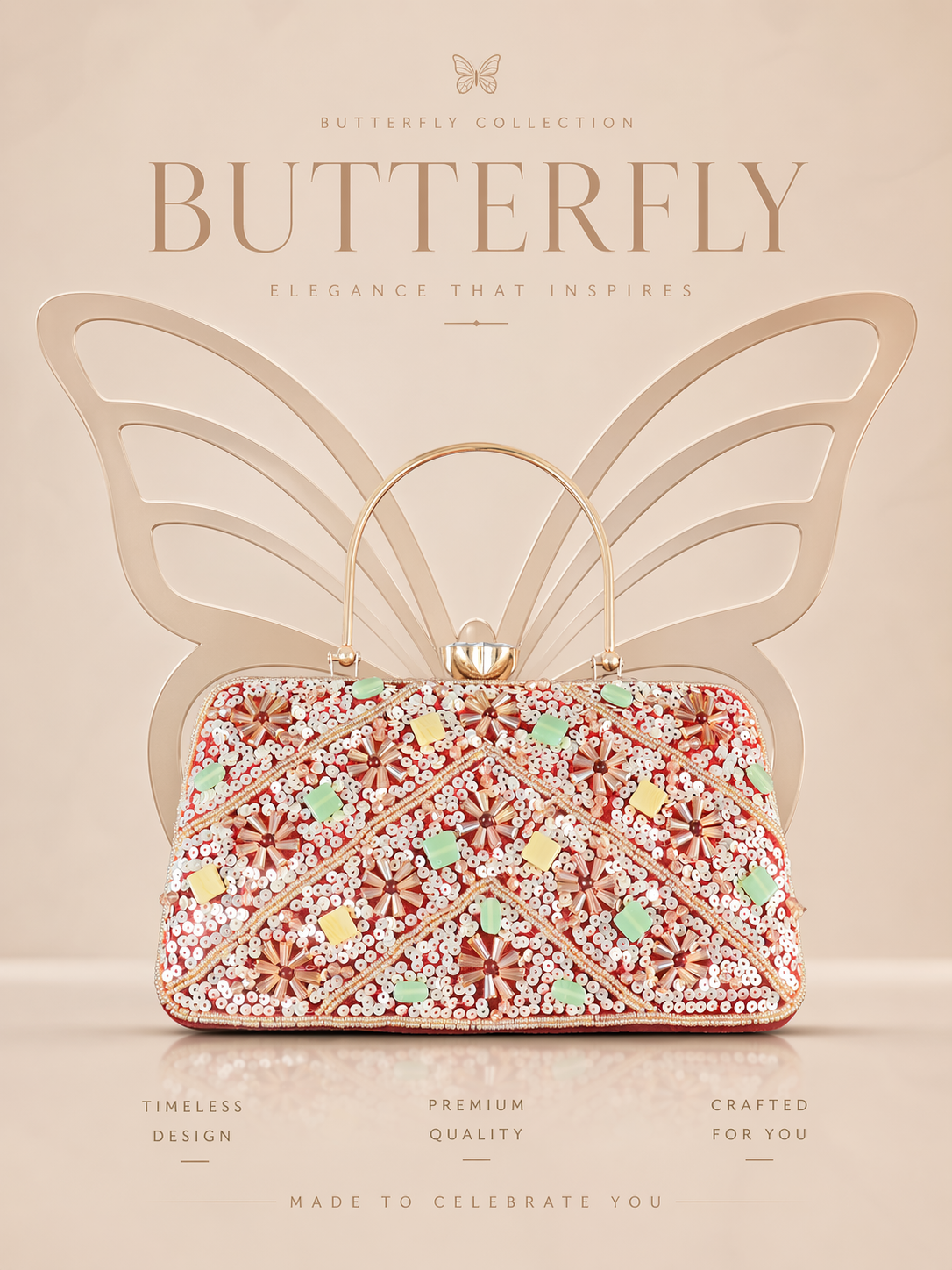 Handcrafted Floral Sequin & Bead Embellished Evening Clutch