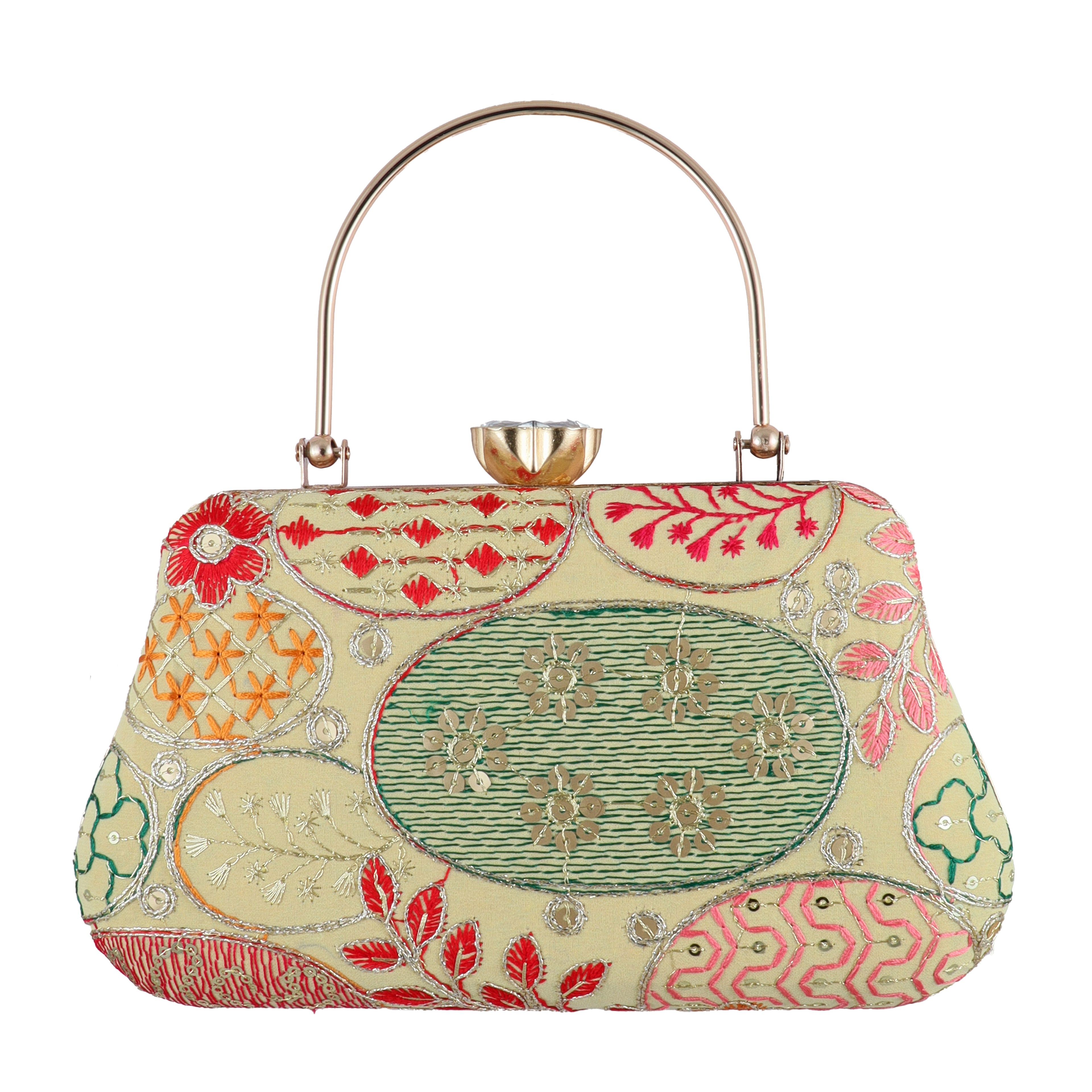 Vibrant Floral Embroidered Evening Clutch with Crystal Flower Clasp