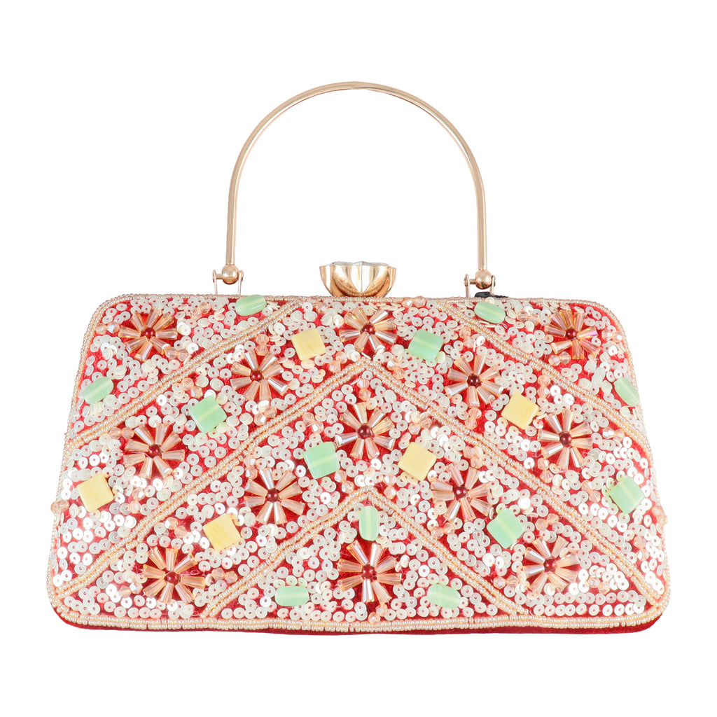 Handcrafted Floral Sequin & Bead Embellished Evening Clutch
