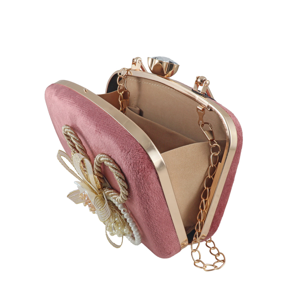 Velvet Floral Embellished Evening Clutch with Top Handle