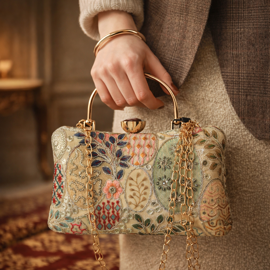 Handcrafted embroidered design with floral & patchwork detailing