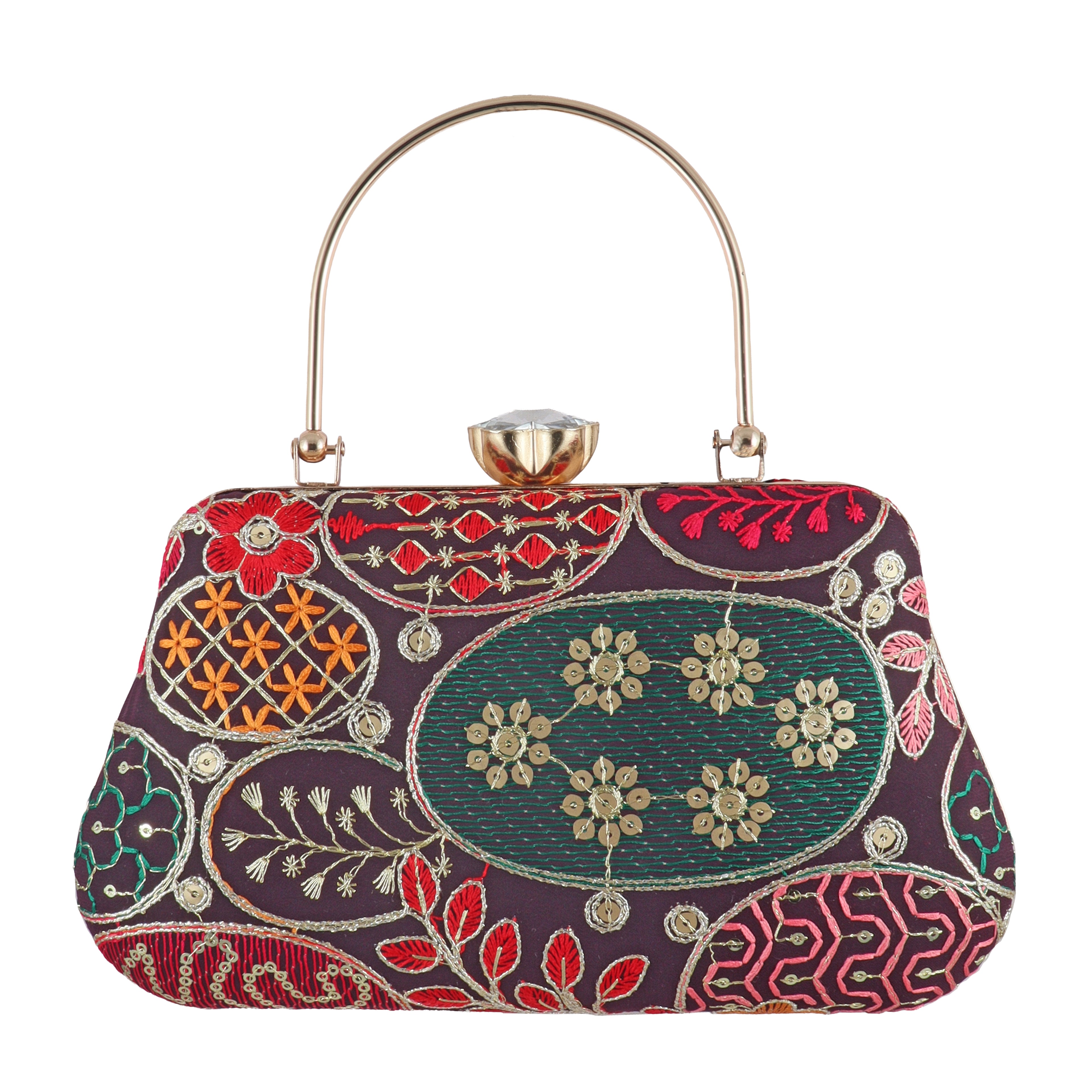 Vibrant Floral Embroidered Evening Clutch with Crystal Flower Clasp