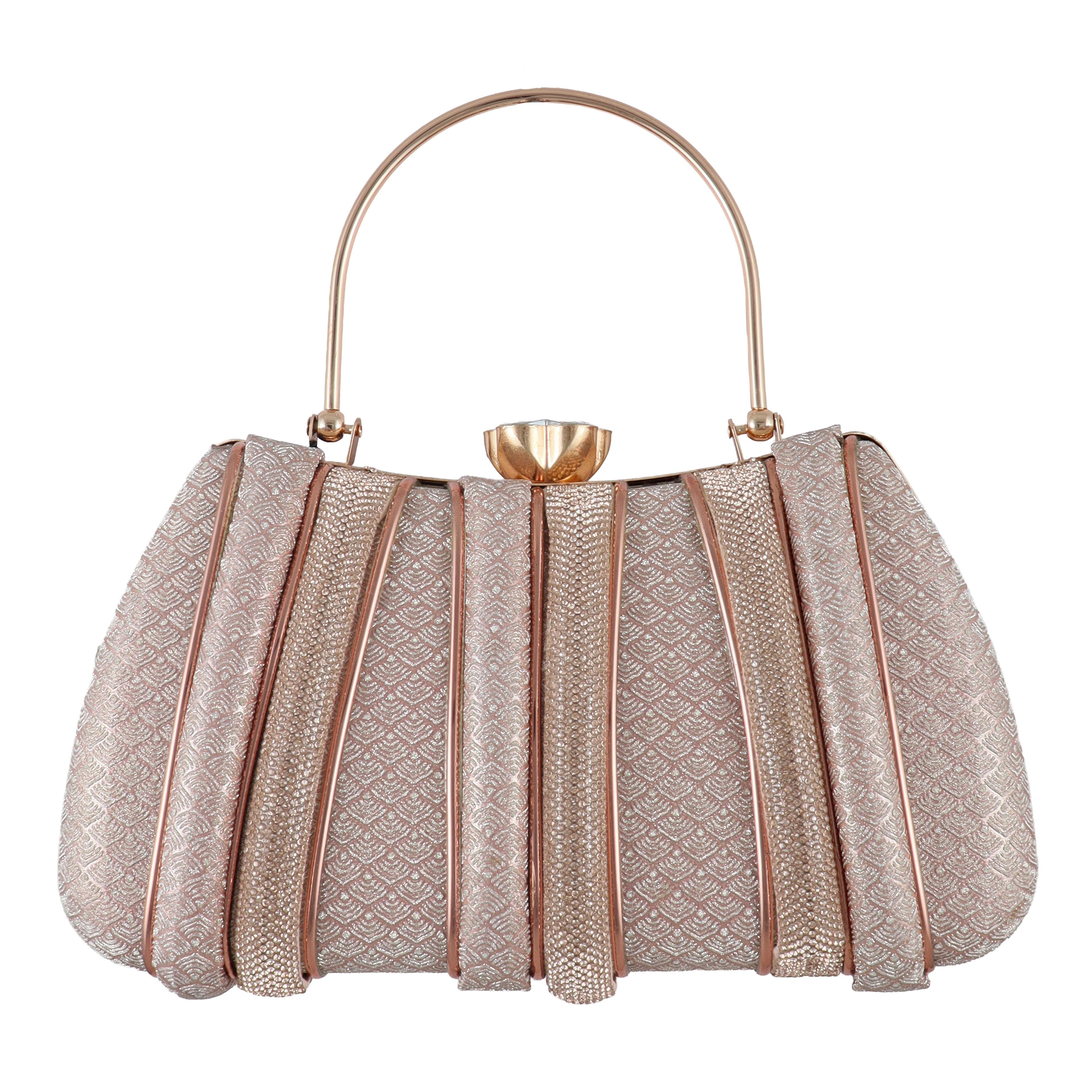Luxury Gold Pleated Evening Clutch with Crystal Clasp & Round Handle
