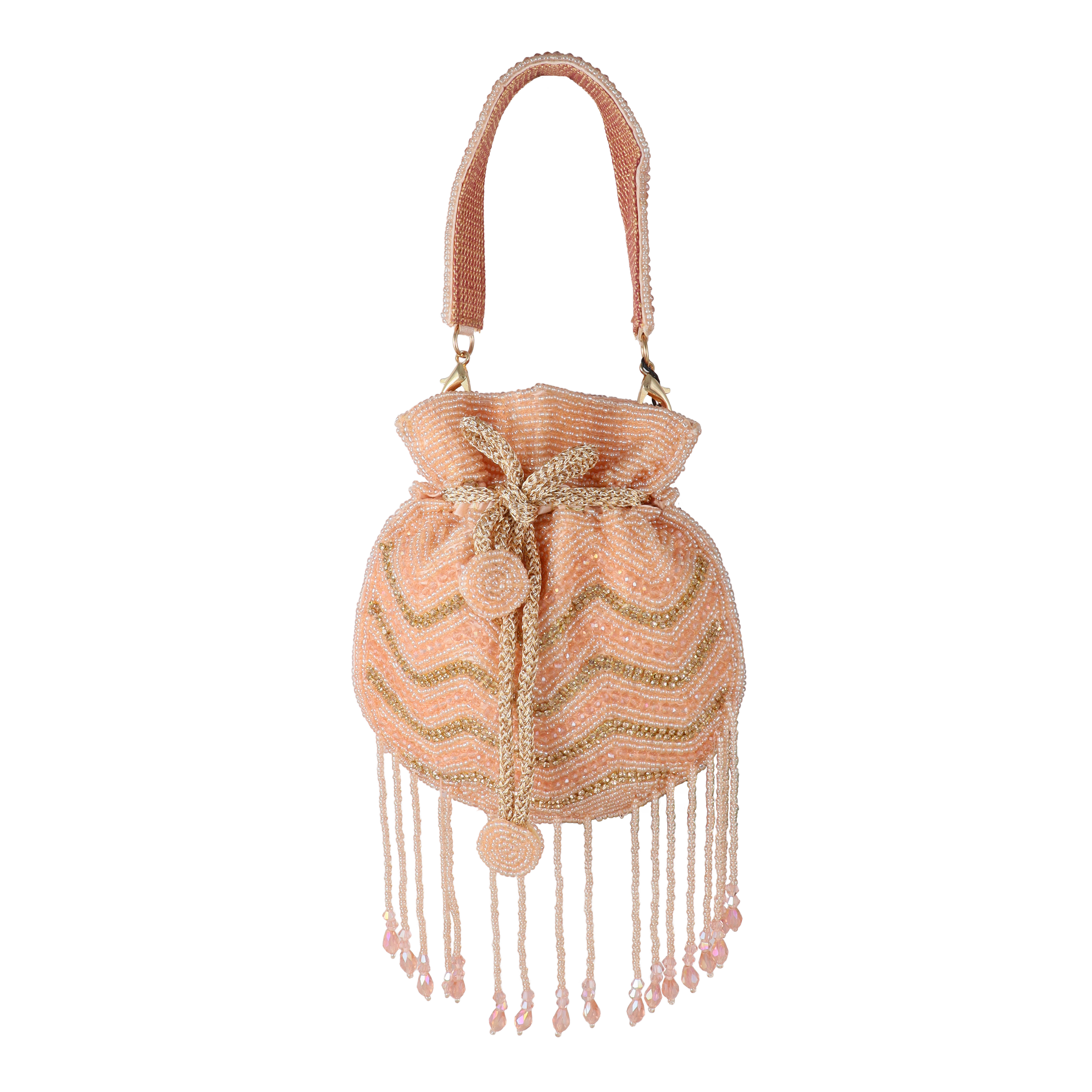 Ivory Hand-Beaded Chevron Mini Potli Bag with Elegant Fringe Tassels