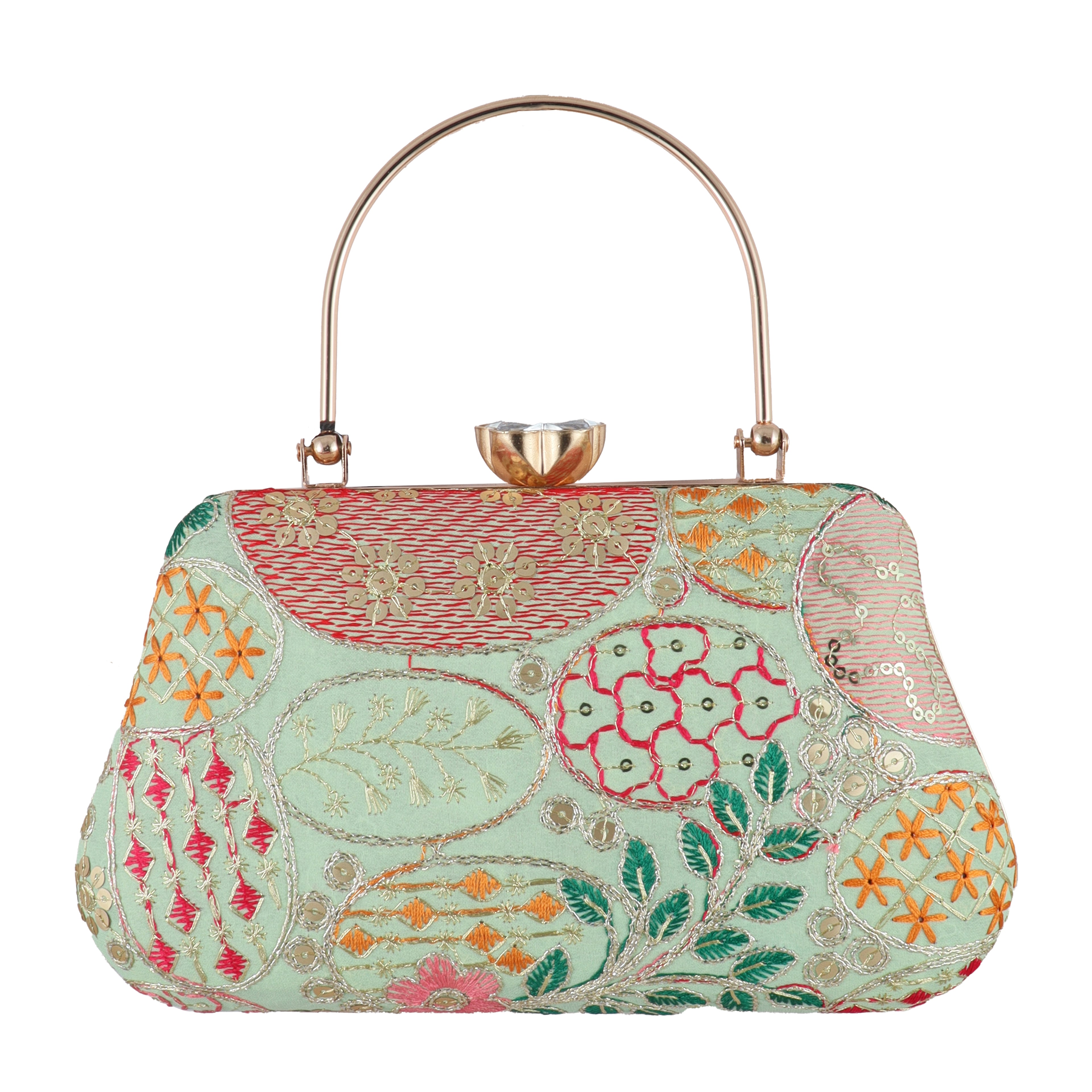 Vibrant Floral Embroidered Evening Clutch with Crystal Flower Clasp