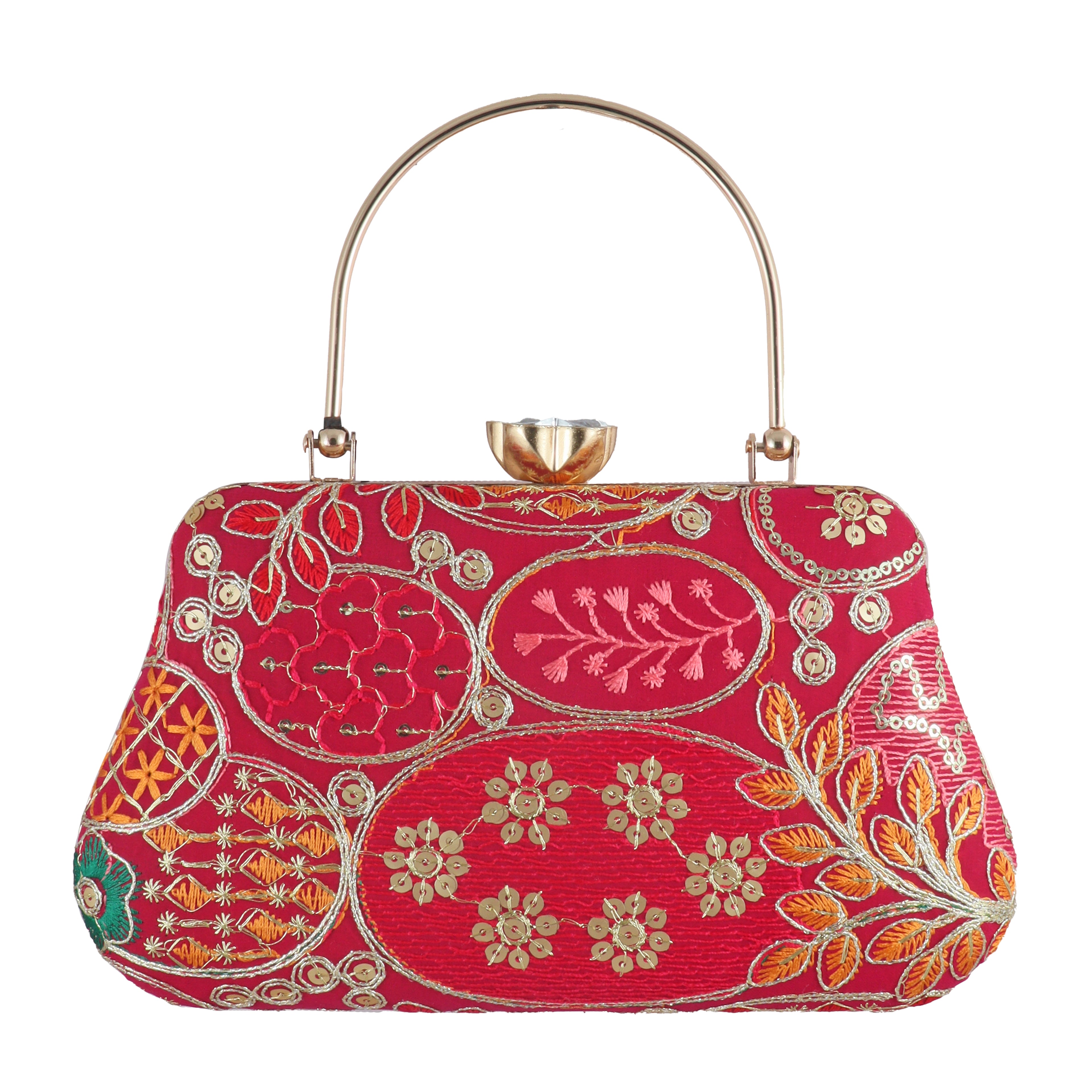 Vibrant Floral Embroidered Evening Clutch with Crystal Flower Clasp