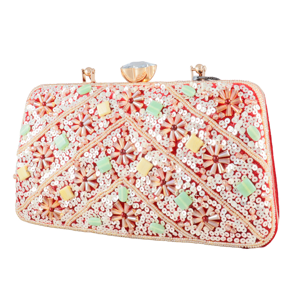 Handcrafted Floral Sequin & Bead Embellished Evening Clutch