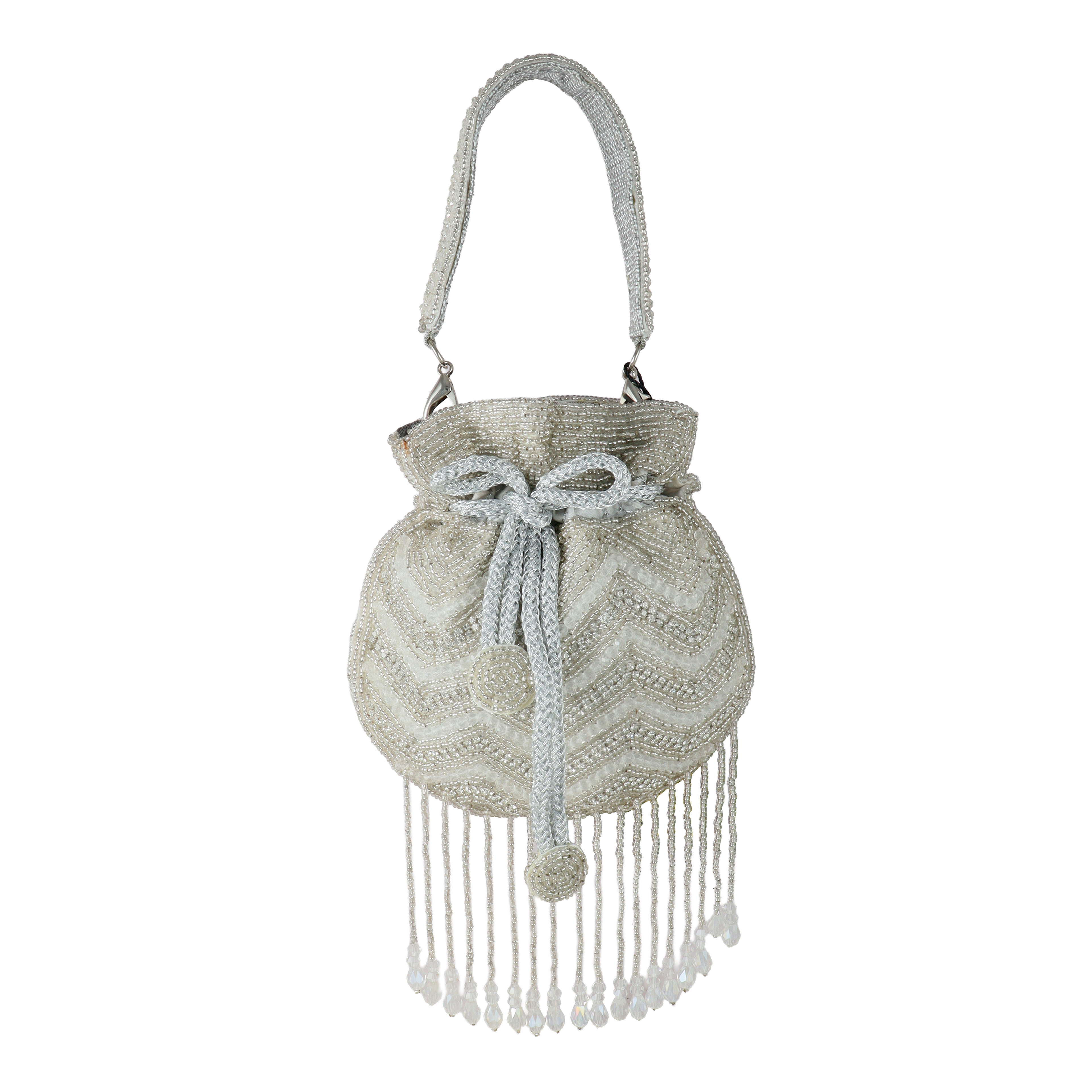 Ivory Hand-Beaded Chevron Mini Potli Bag with Elegant Fringe Tassels