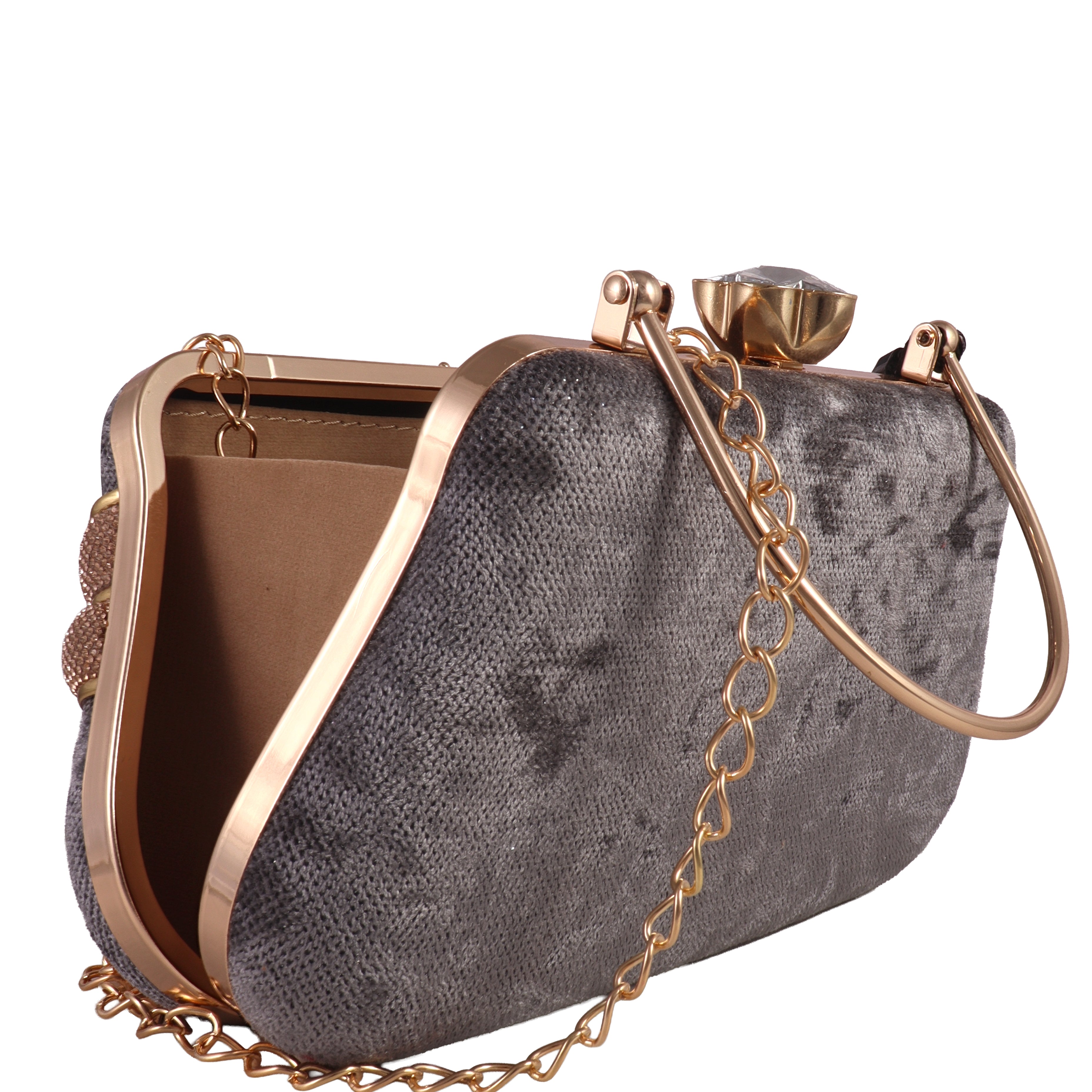 Gray clutch bag with gold accents 