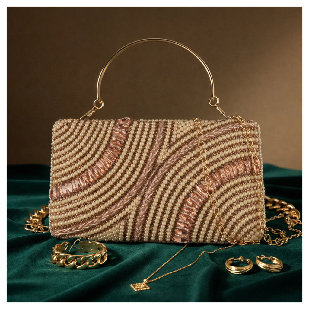 Luxury Pearl Beaded Evening Clutch with Crystal Detailing