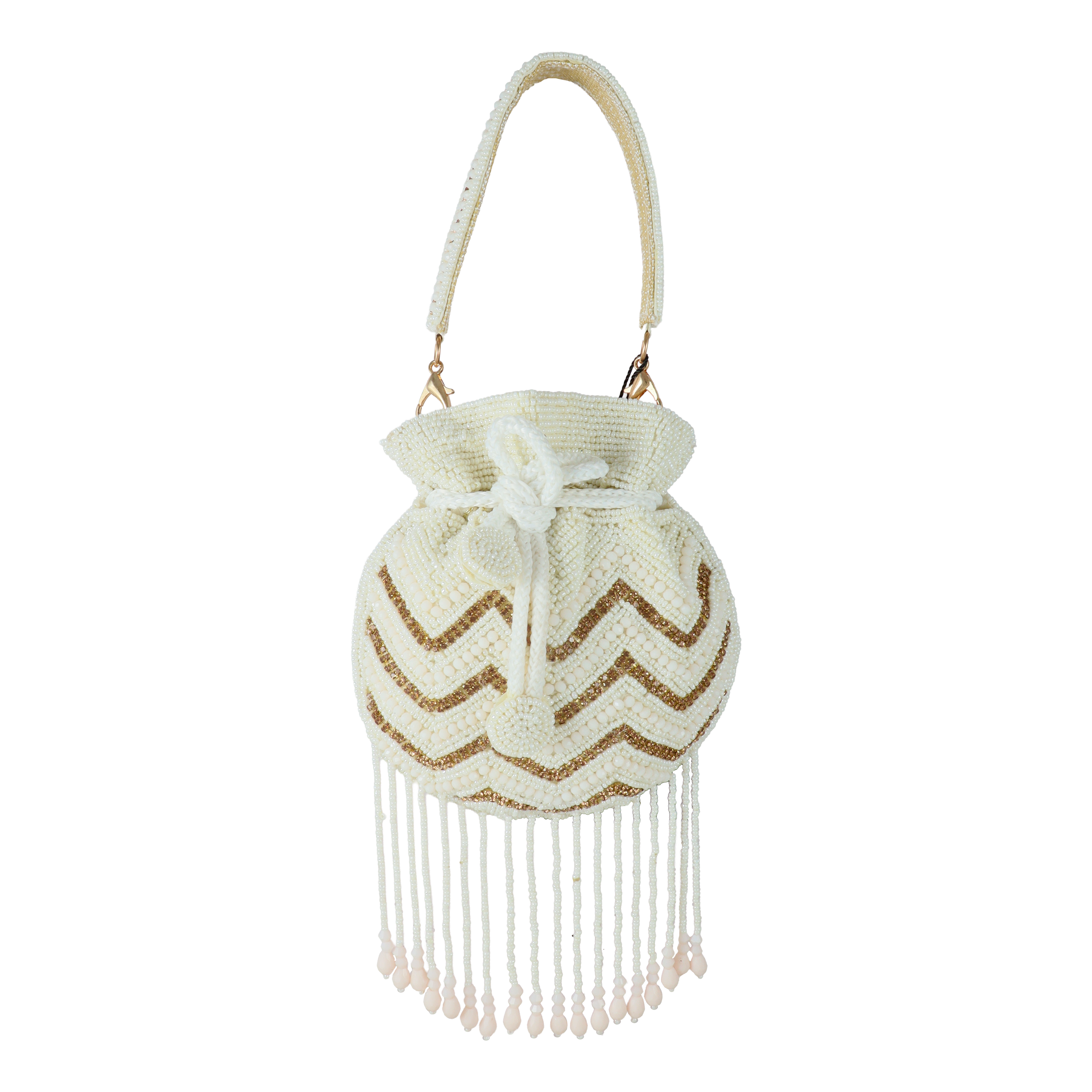 Ivory Hand-Beaded Chevron Mini Potli Bag with Elegant Fringe Tassels