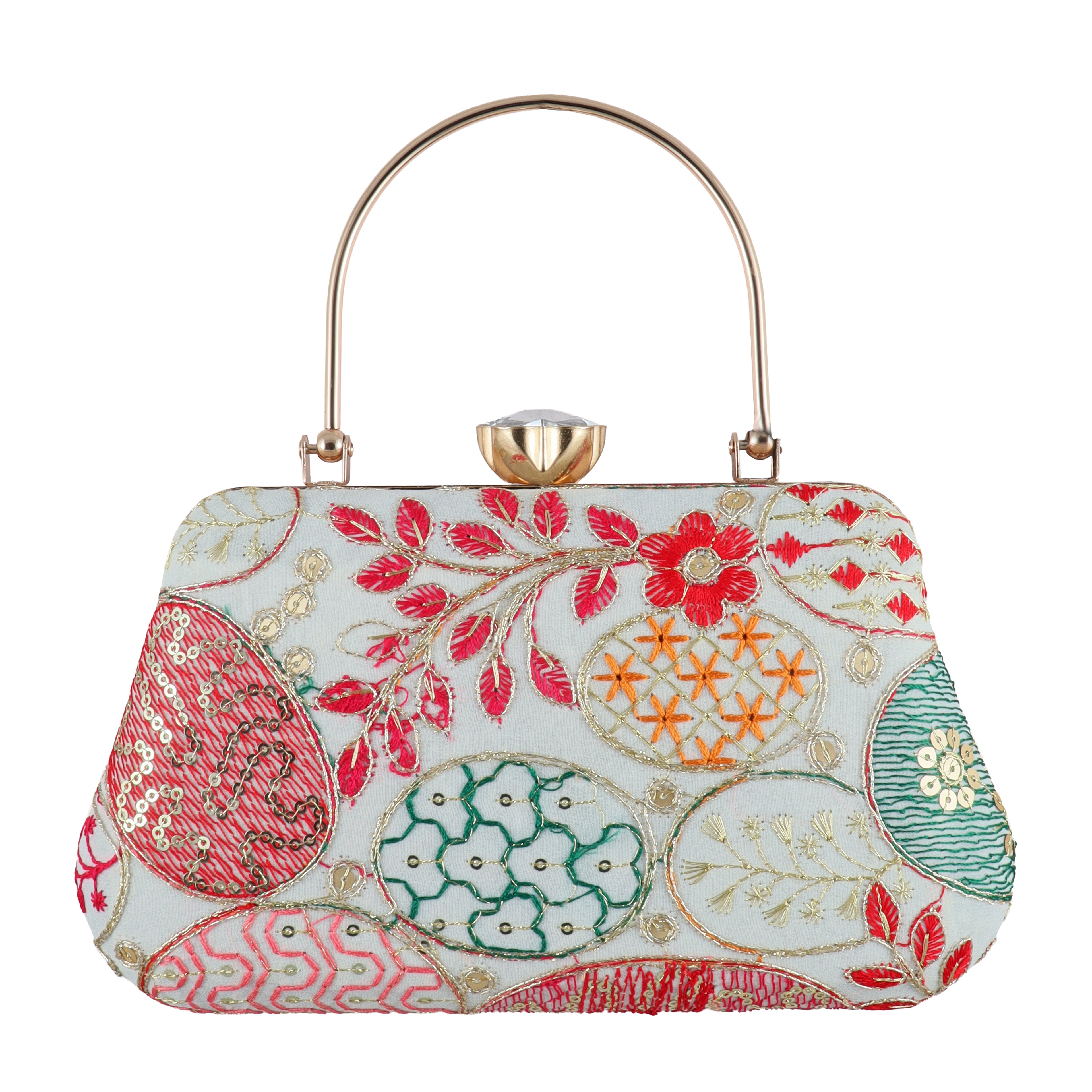 Vibrant Floral Embroidered Evening Clutch with Crystal Flower Clasp