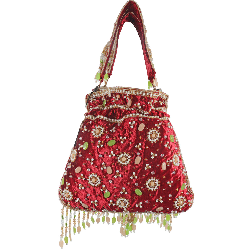 Hand-Embroidered Velvet Potli Bag with Beaded Fringe – Festive & Bridal