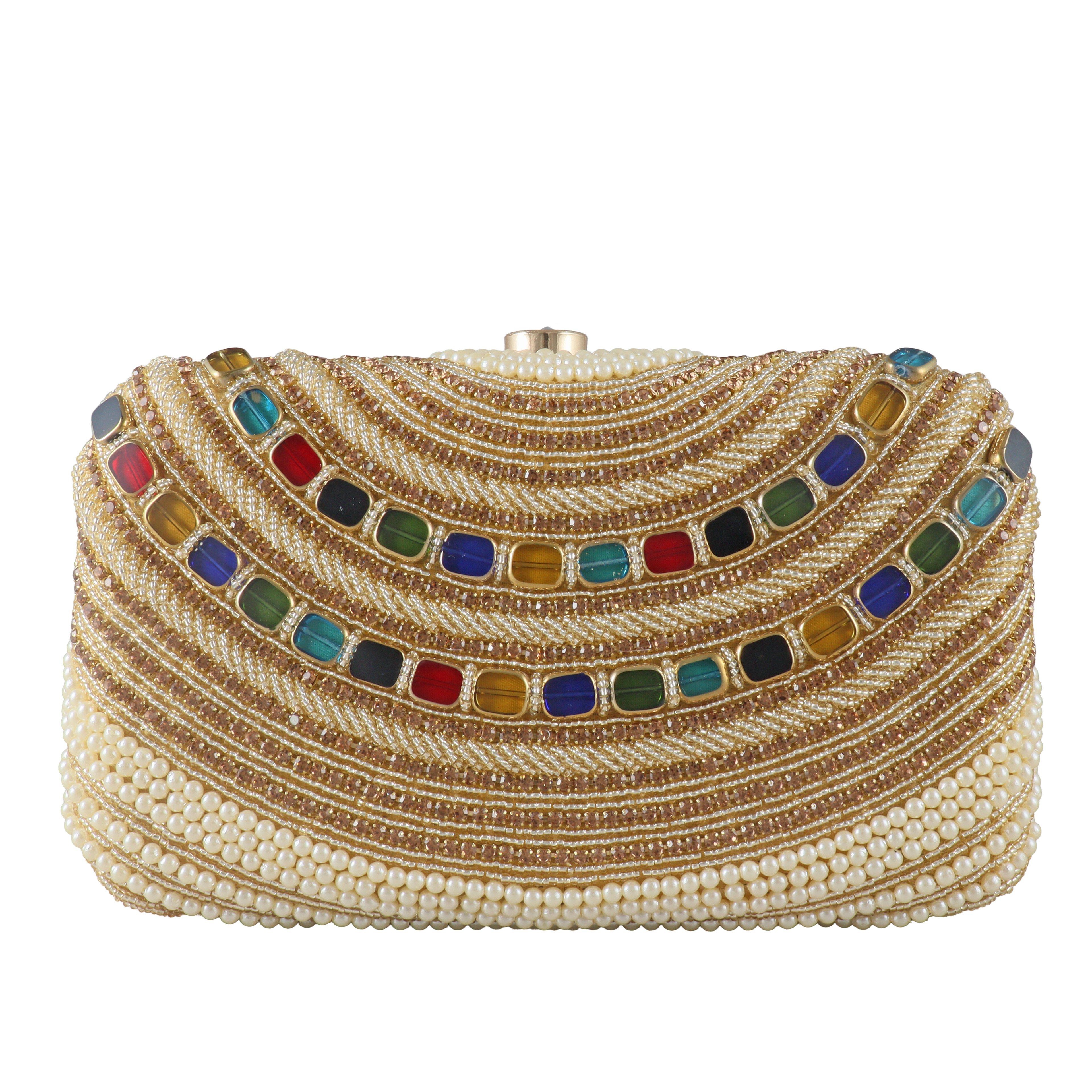 Elegant Pearl and Multi-Gemstone Embellished Evening Clutch Bag