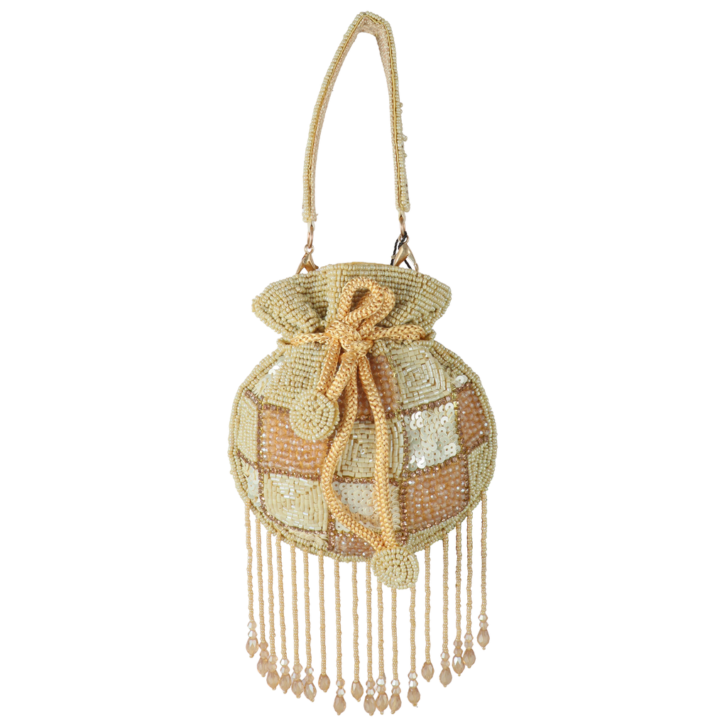 Hand-Beaded Checkerboard Mini Potli Bag with Sequin Accents