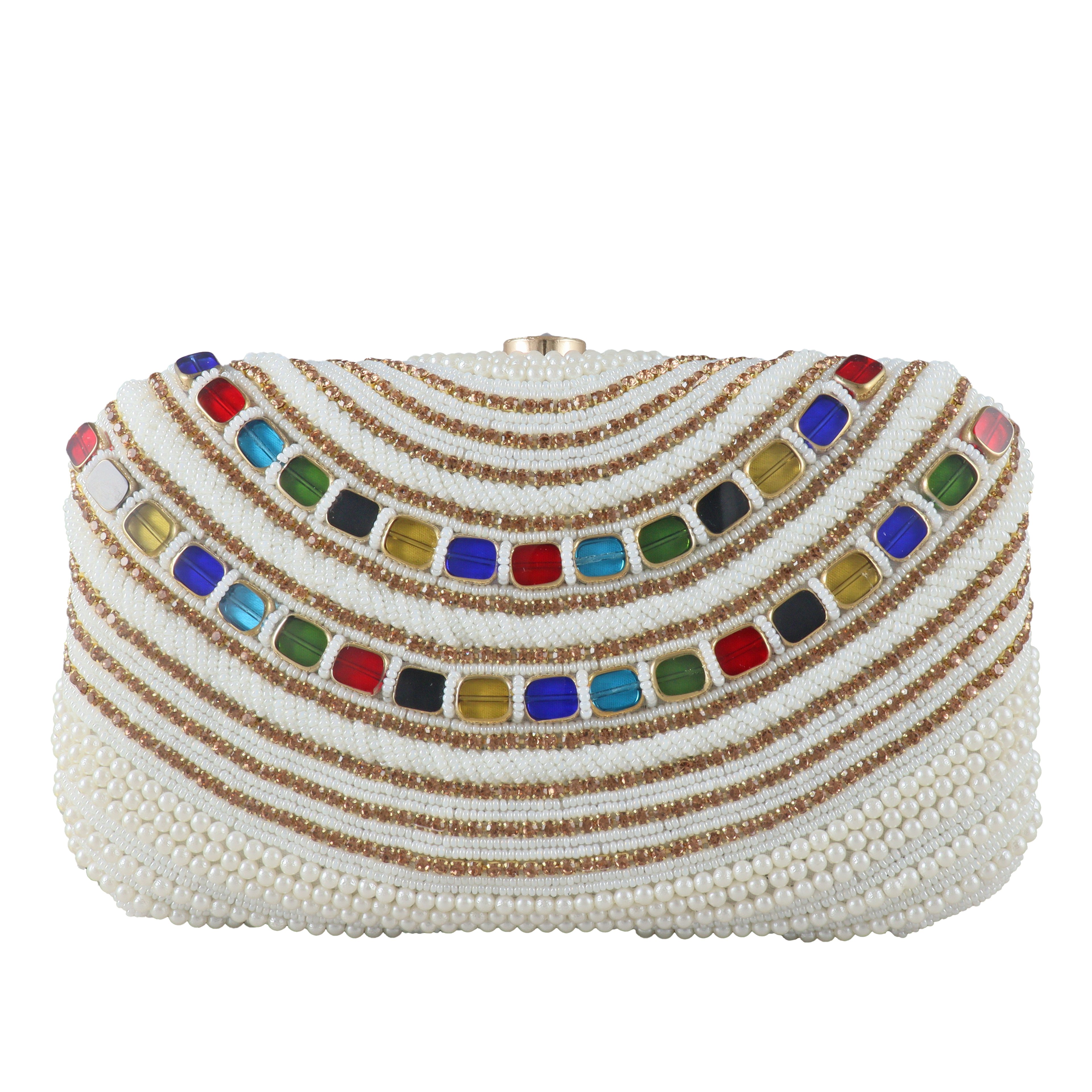 Elegant Pearl and Multi-Gemstone Embellished Evening Clutch Bag