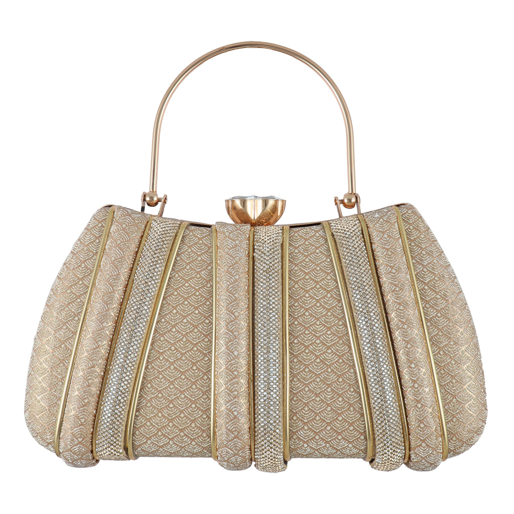 Luxury Gold Pleated Evening Clutch with Crystal Clasp & Round Handle