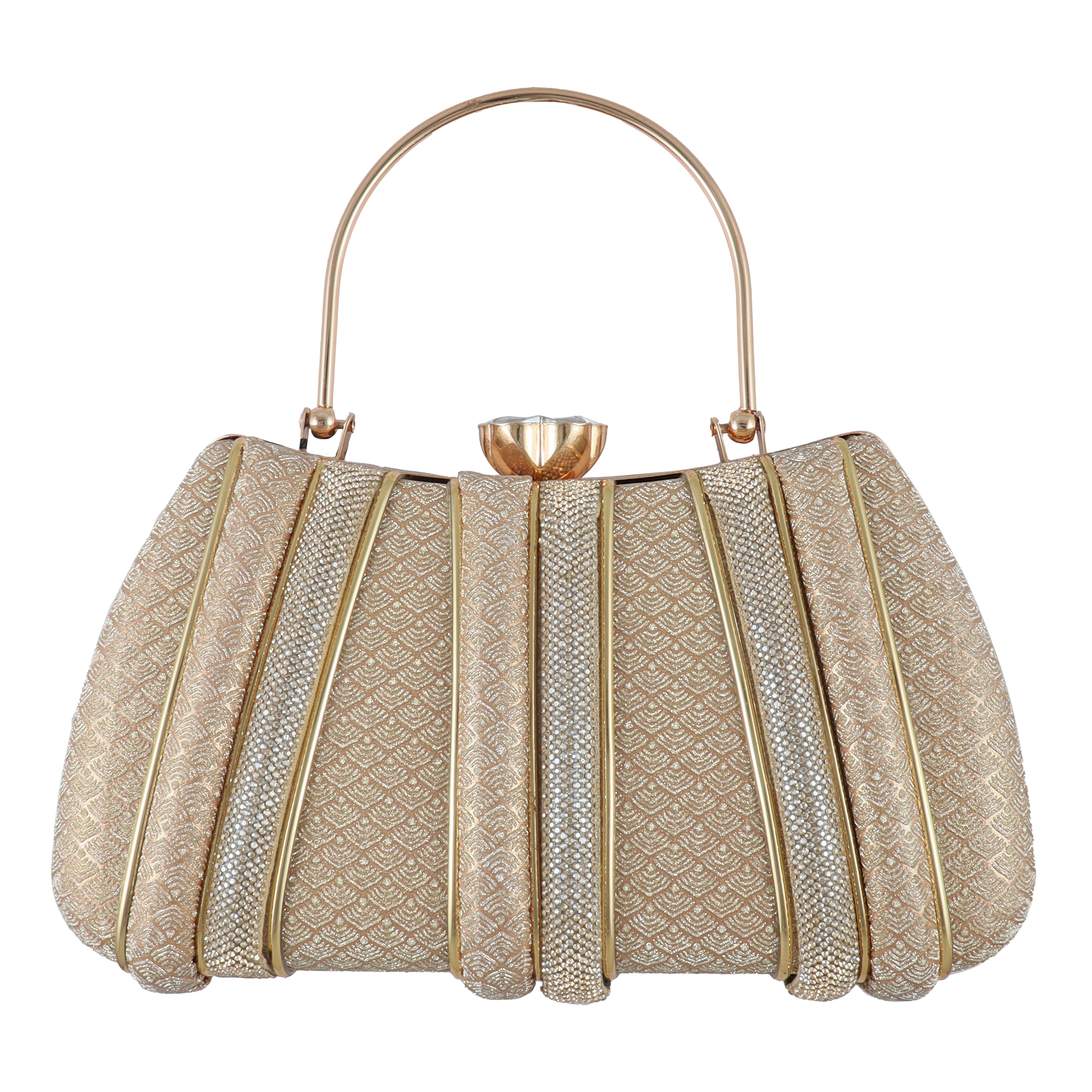 Luxury Gold Pleated Evening Clutch with Crystal Clasp & Round Handle