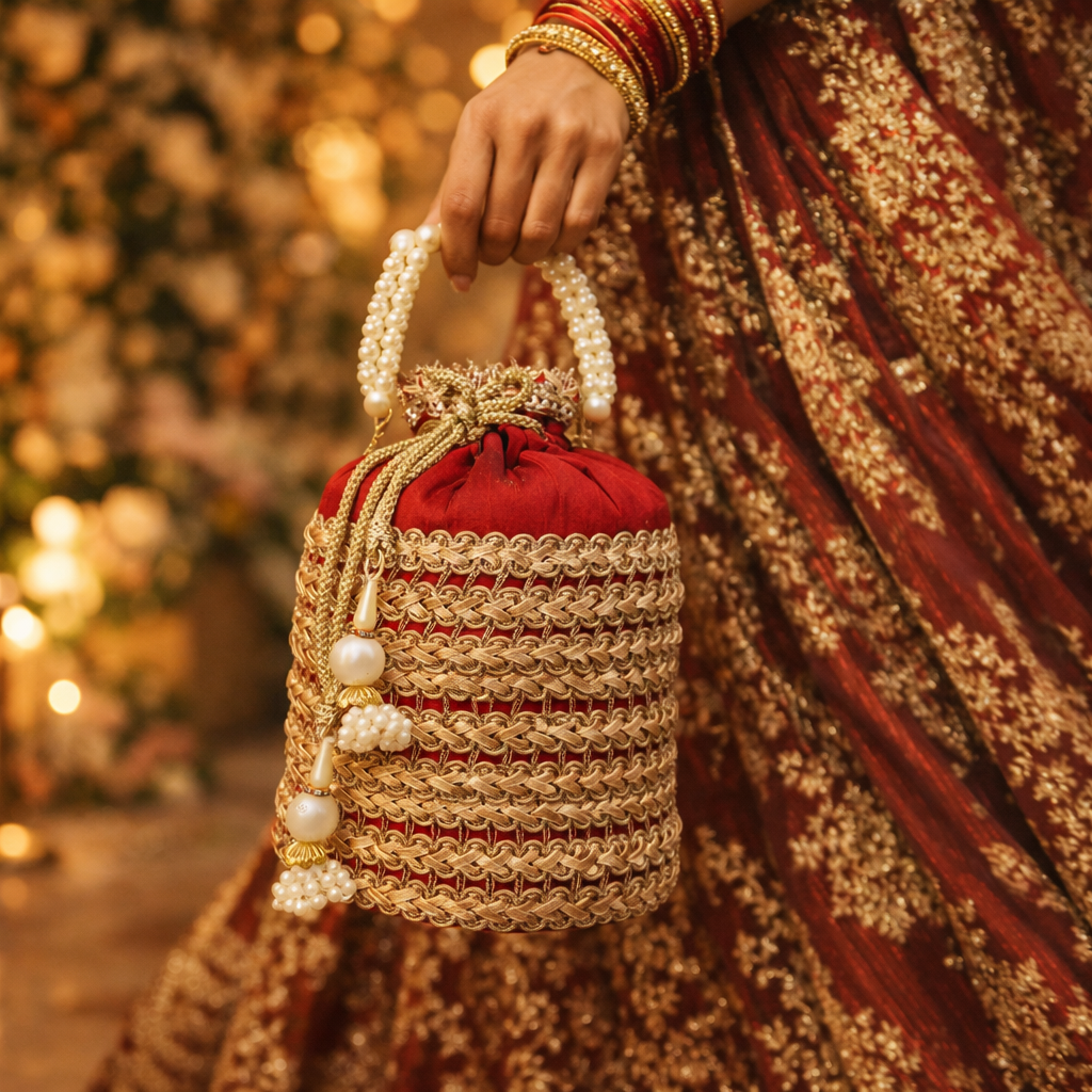 Handcrafted Pearl Potli Bag – Elegant Bridal & Festive Clutch