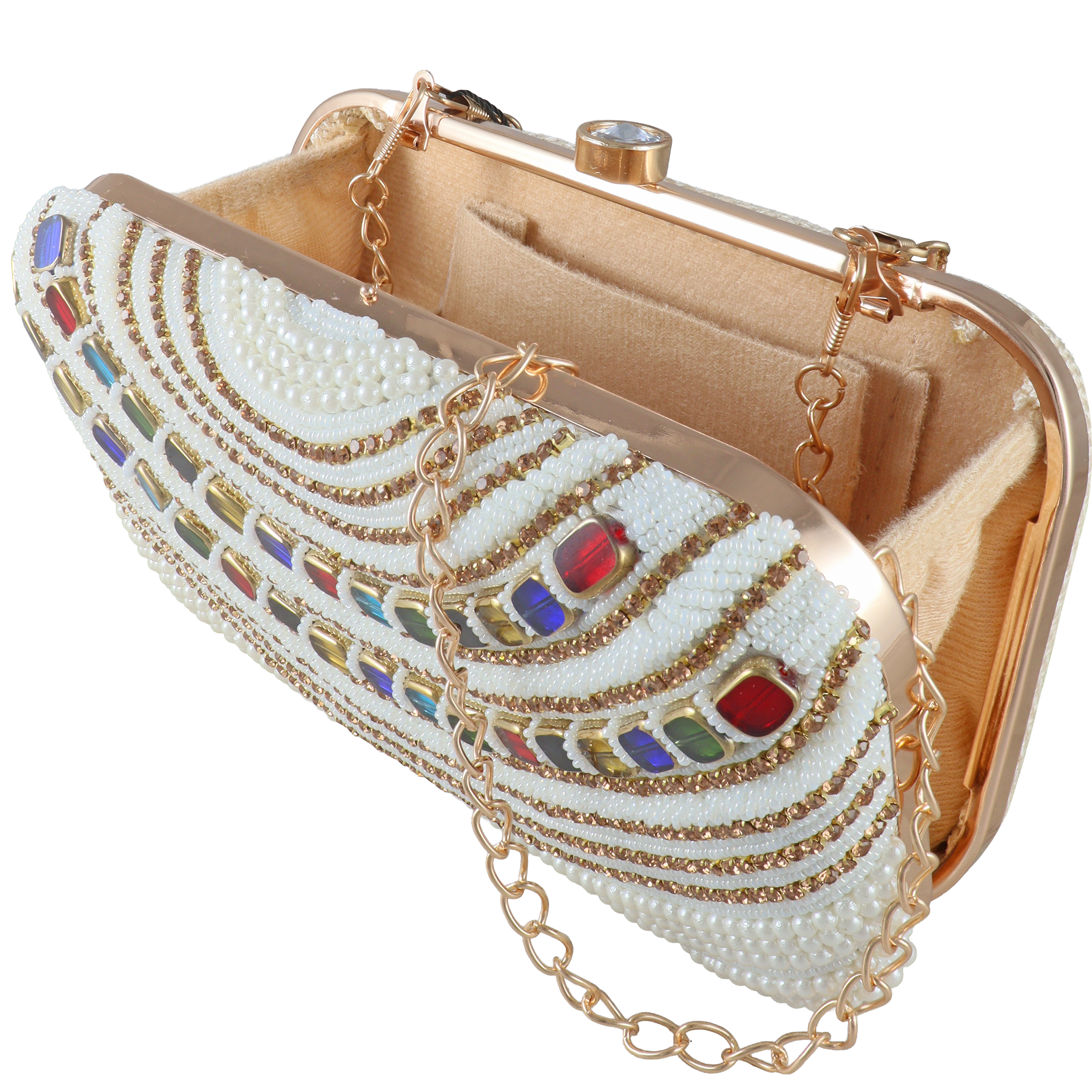 Elegant Pearl and Multi-Gemstone Embellished Evening Clutch Bag