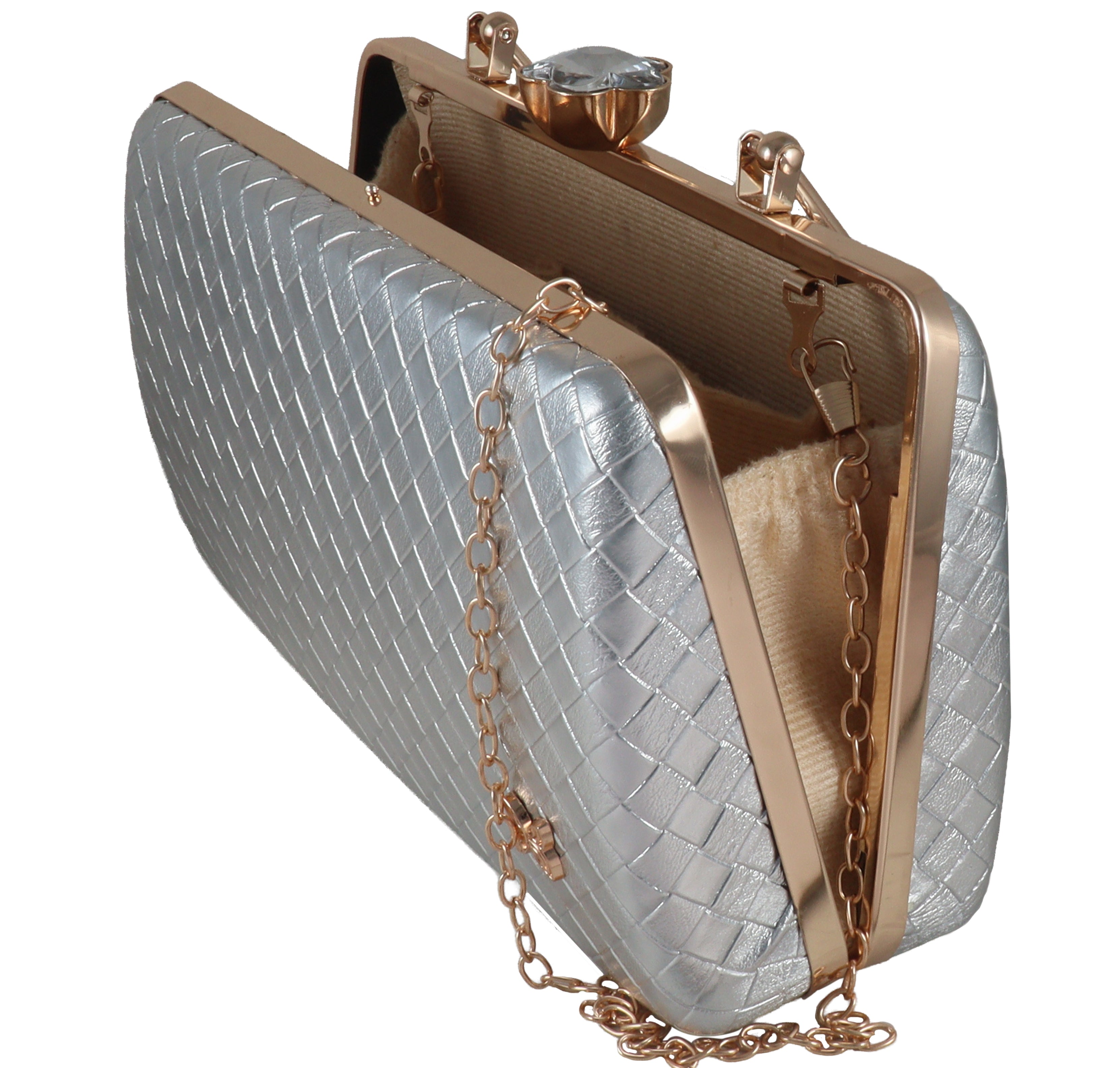 Designer Metallic Quilted Clutch with Crystal Lock – Elegant Party Bag