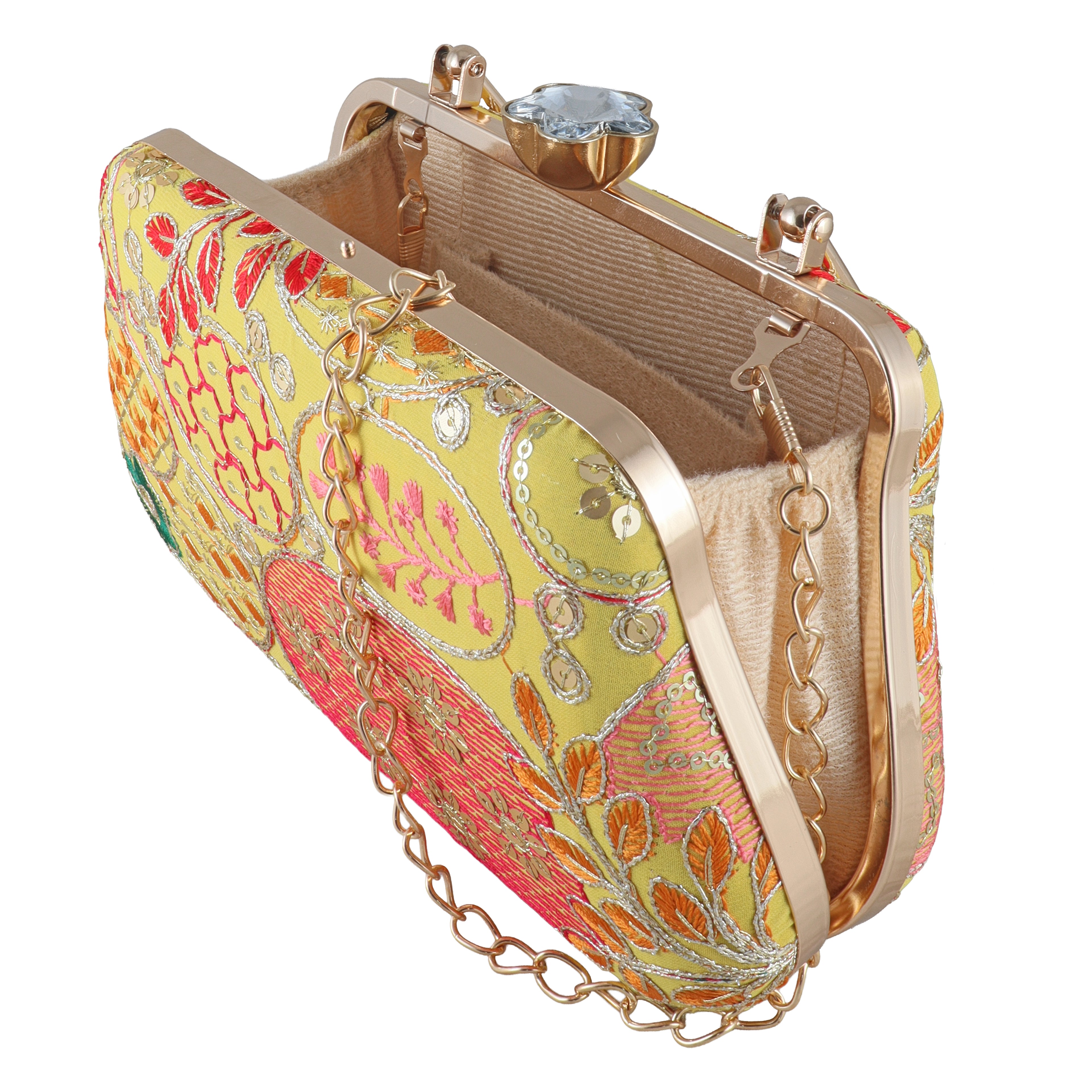 Vibrant Floral Embroidered Evening Clutch with Crystal Flower Clasp