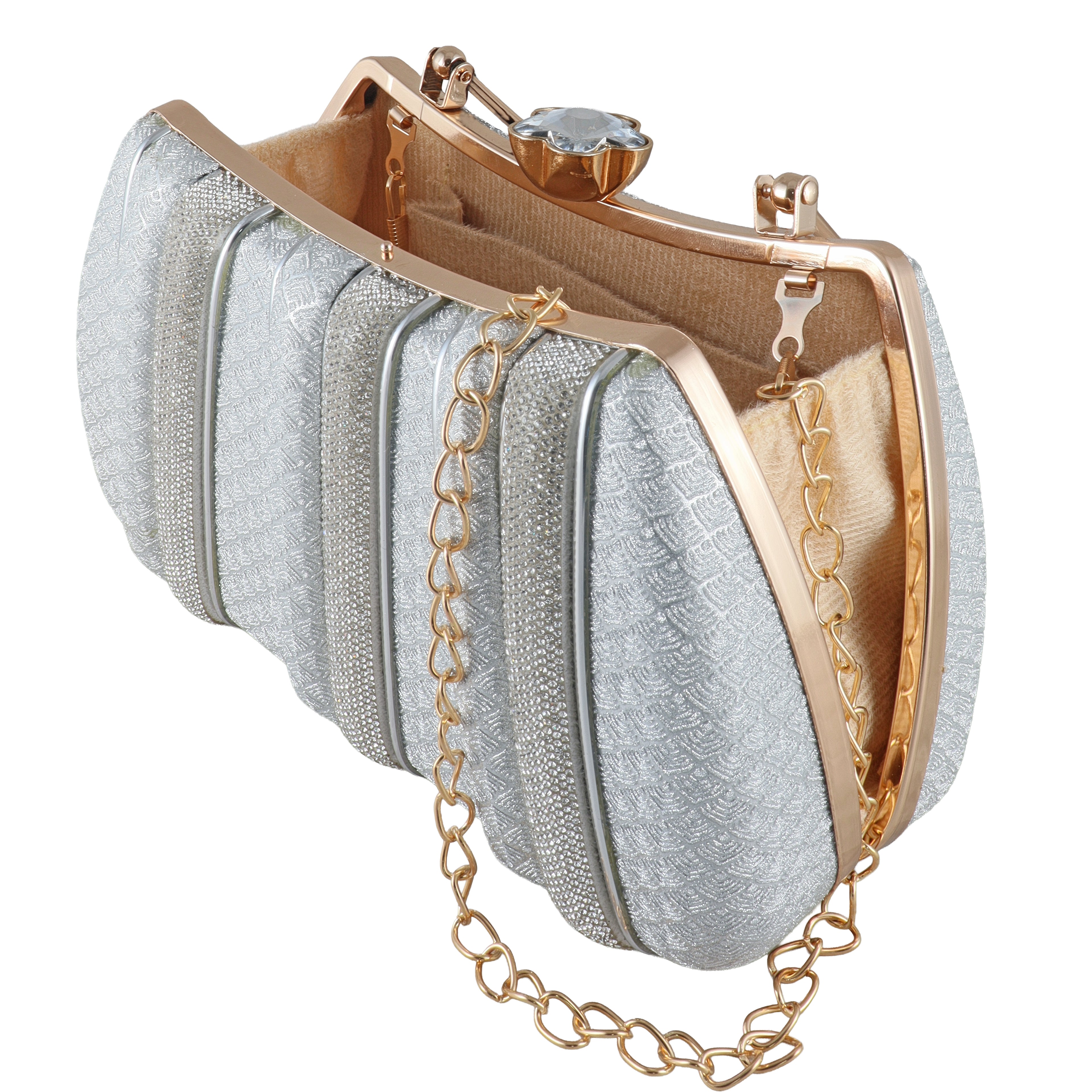 Luxury Gold Pleated Evening Clutch with Crystal Clasp & Round Handle