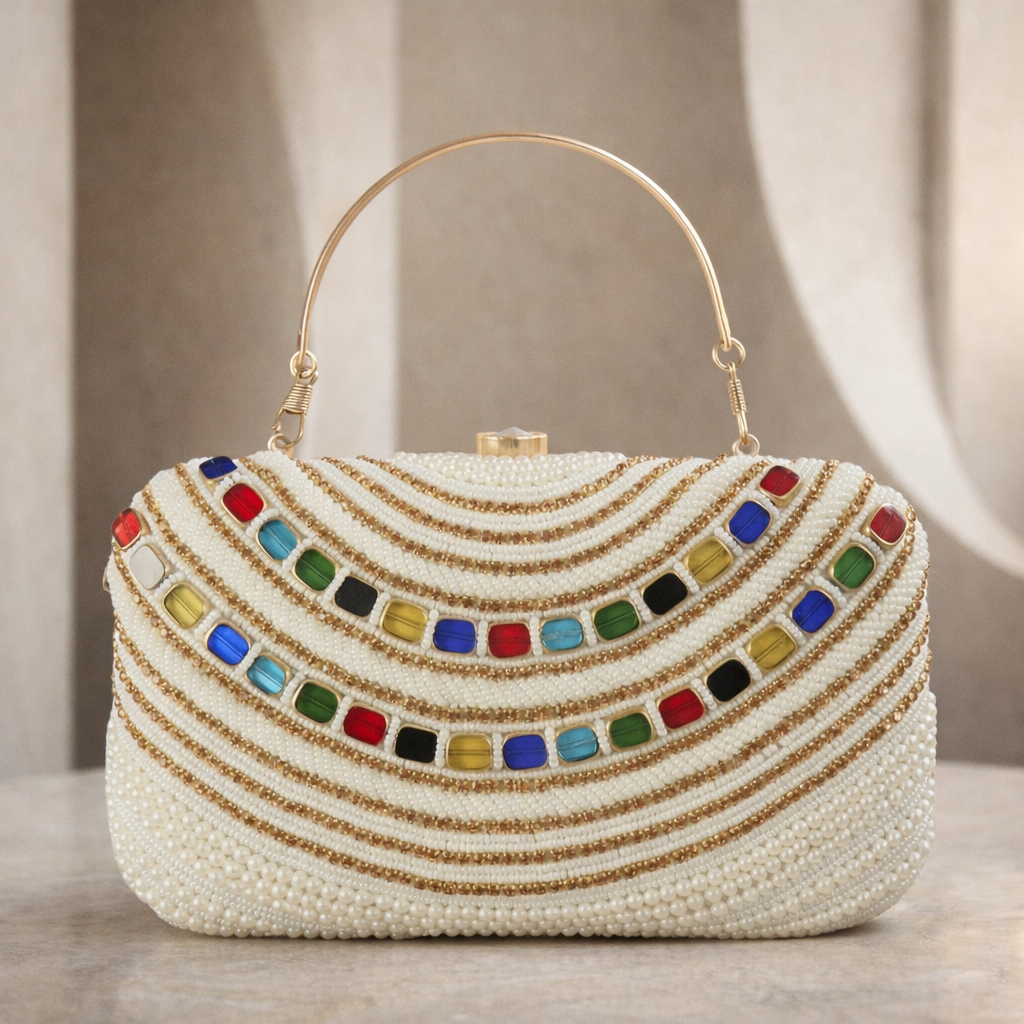 Elegant Pearl and Multi-Gemstone Embellished Evening Clutch Bag