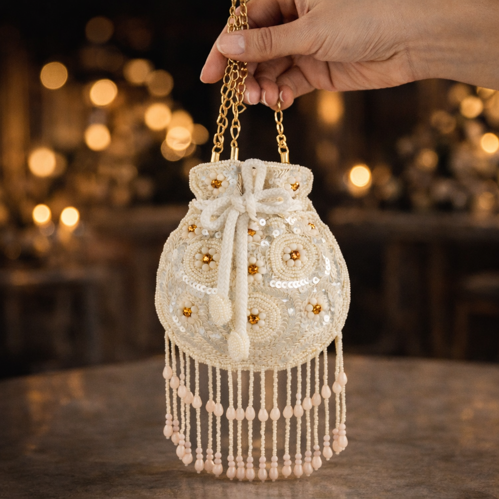 Artisan Hand-Beaded Tassel Mini Potli with 3D Embroidery