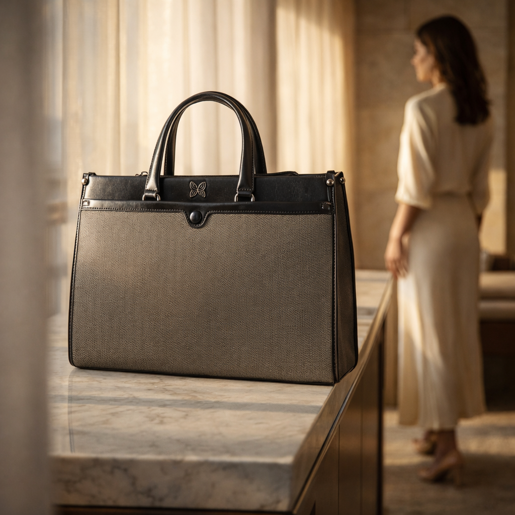 Butterfly Motif Textured Satchel – Professional Dual-Tone Laptop & Work Bag