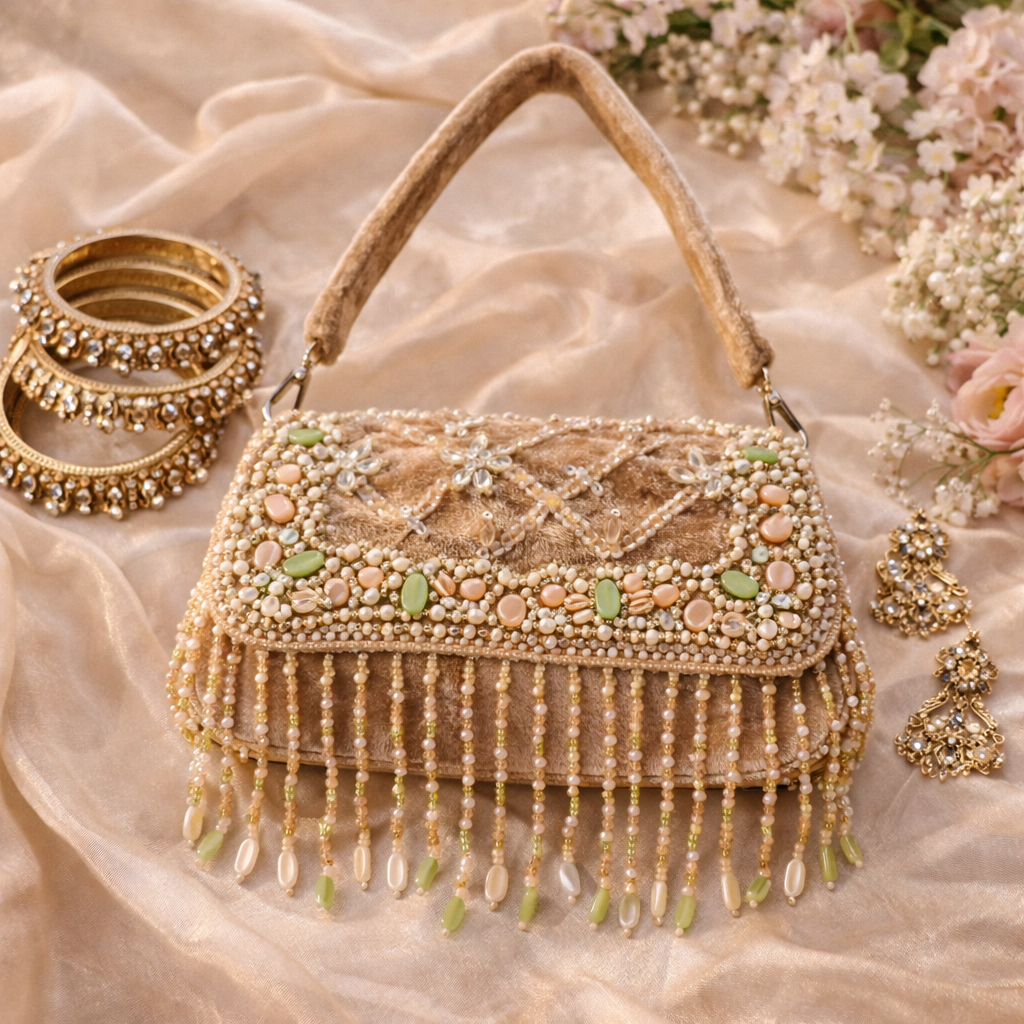 Bridal Velvet Flap Bag with Intricate Hand Embroidery