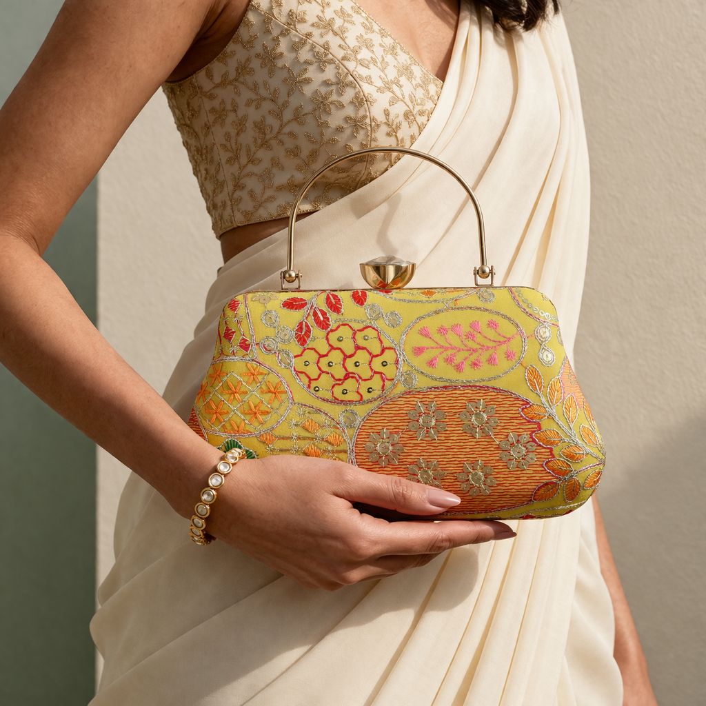 Vibrant Floral Embroidered Evening Clutch with Crystal Flower Clasp