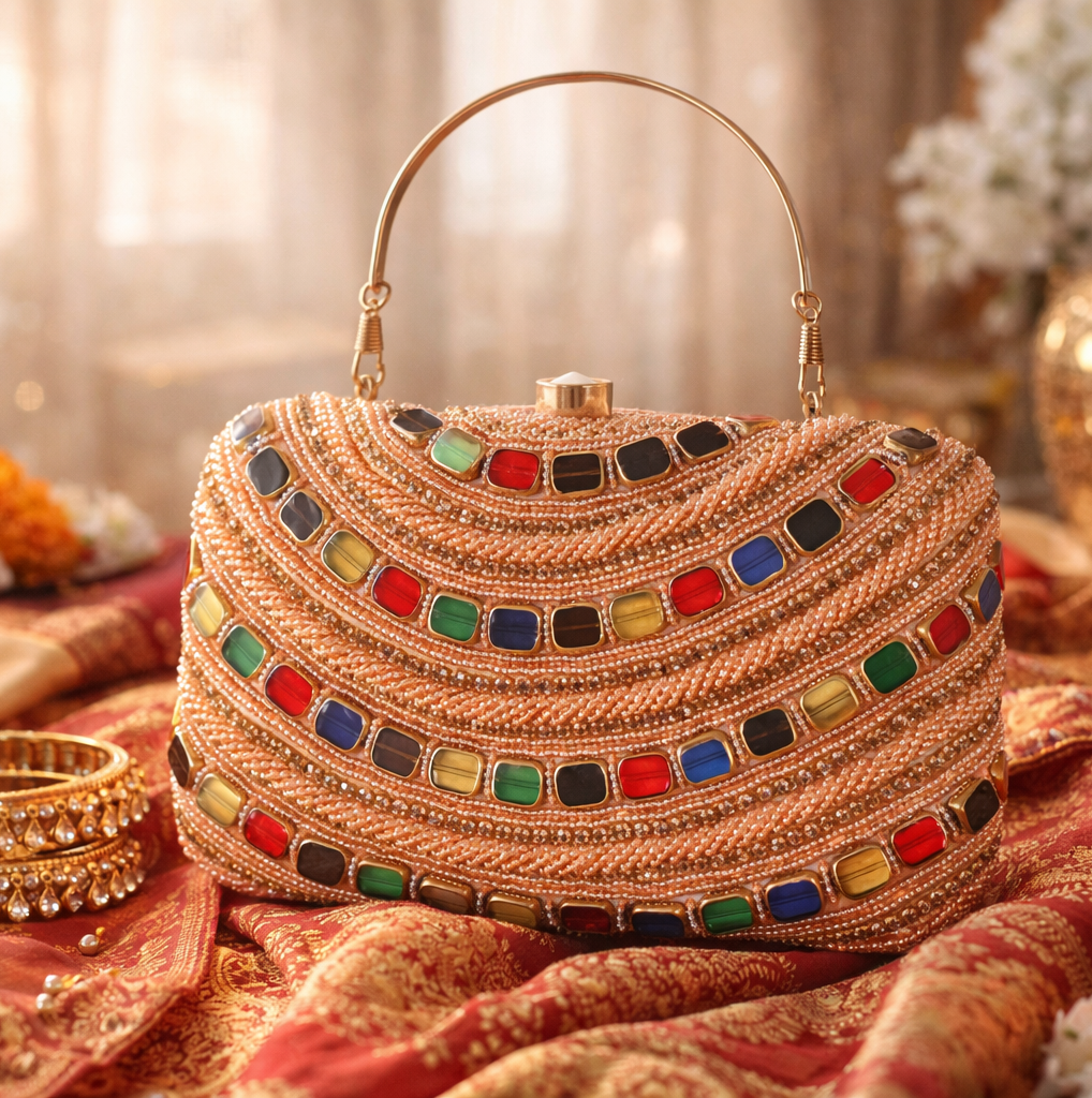 Hand-Embellished Multicolour Stone Clutch Bag